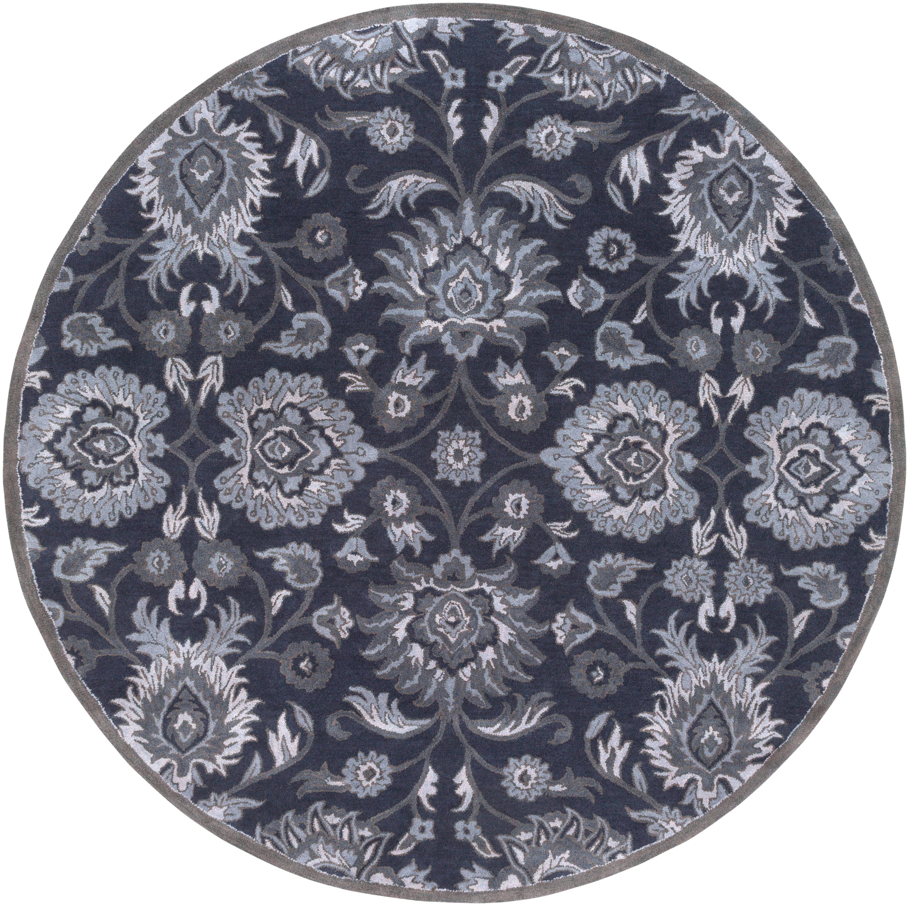 Round Mediterranean Ocean hand-tufted wool rug with charcoal, slate, and denim floral patterns.
