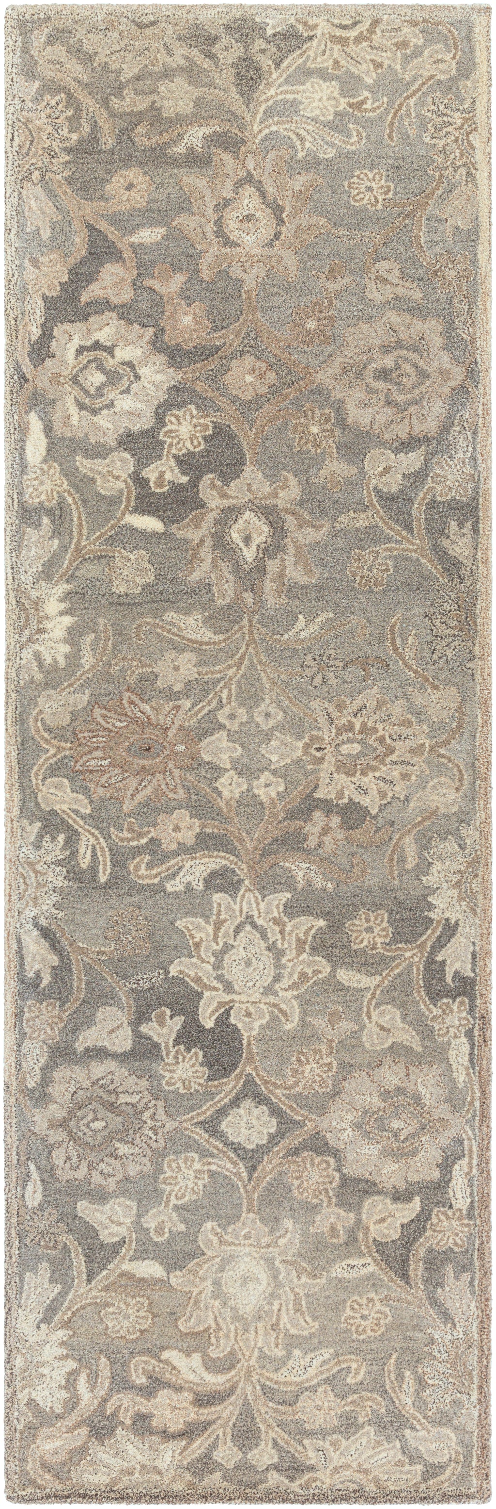 Mediterranean Seal hand-tufted wool runner rug with grey, taupe, and ivory floral patterns.