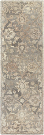 Mediterranean Seal hand-tufted wool runner rug with grey, taupe, and ivory floral patterns.