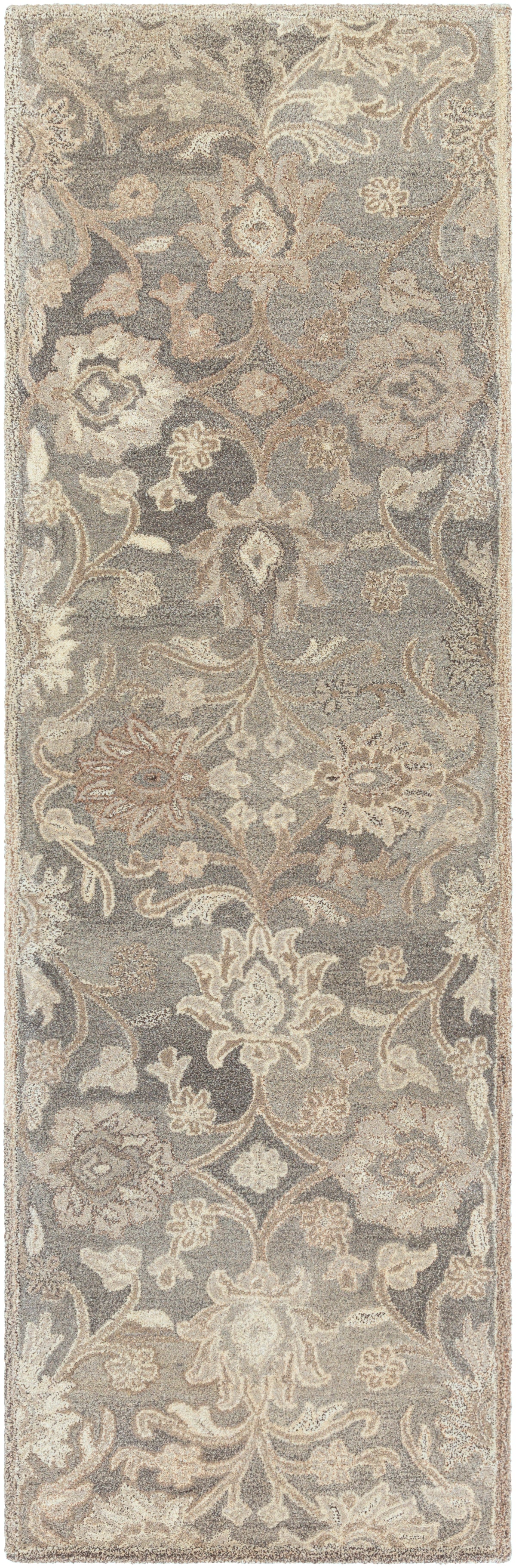 Mediterranean Seal hand-tufted wool runner rug with grey, taupe, and ivory floral patterns.