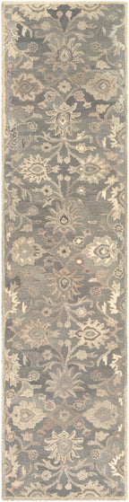 Mediterranean Seal hand-tufted wool runner rug with grey, taupe, and ivory floral patterns.
