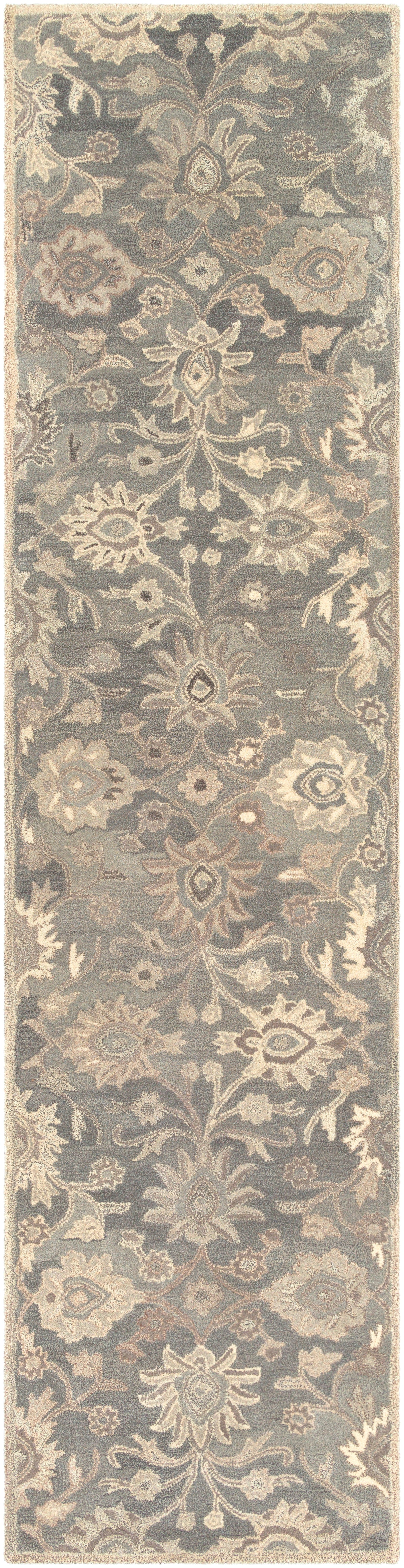 Mediterranean Seal hand-tufted wool runner rug with grey, taupe, and ivory floral patterns.