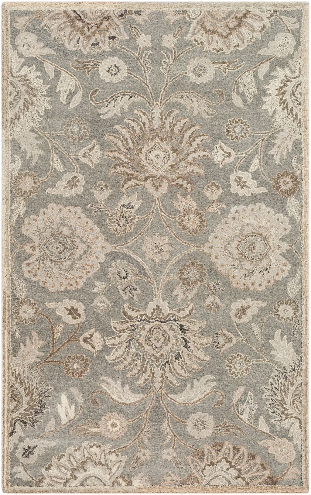 Mediterranean Seal hand-tufted wool rug with grey, taupe, and ivory floral patterns.