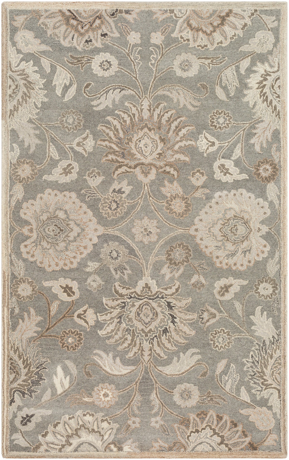 Mediterranean Seal hand-tufted wool rug with grey, taupe, and ivory floral patterns.
