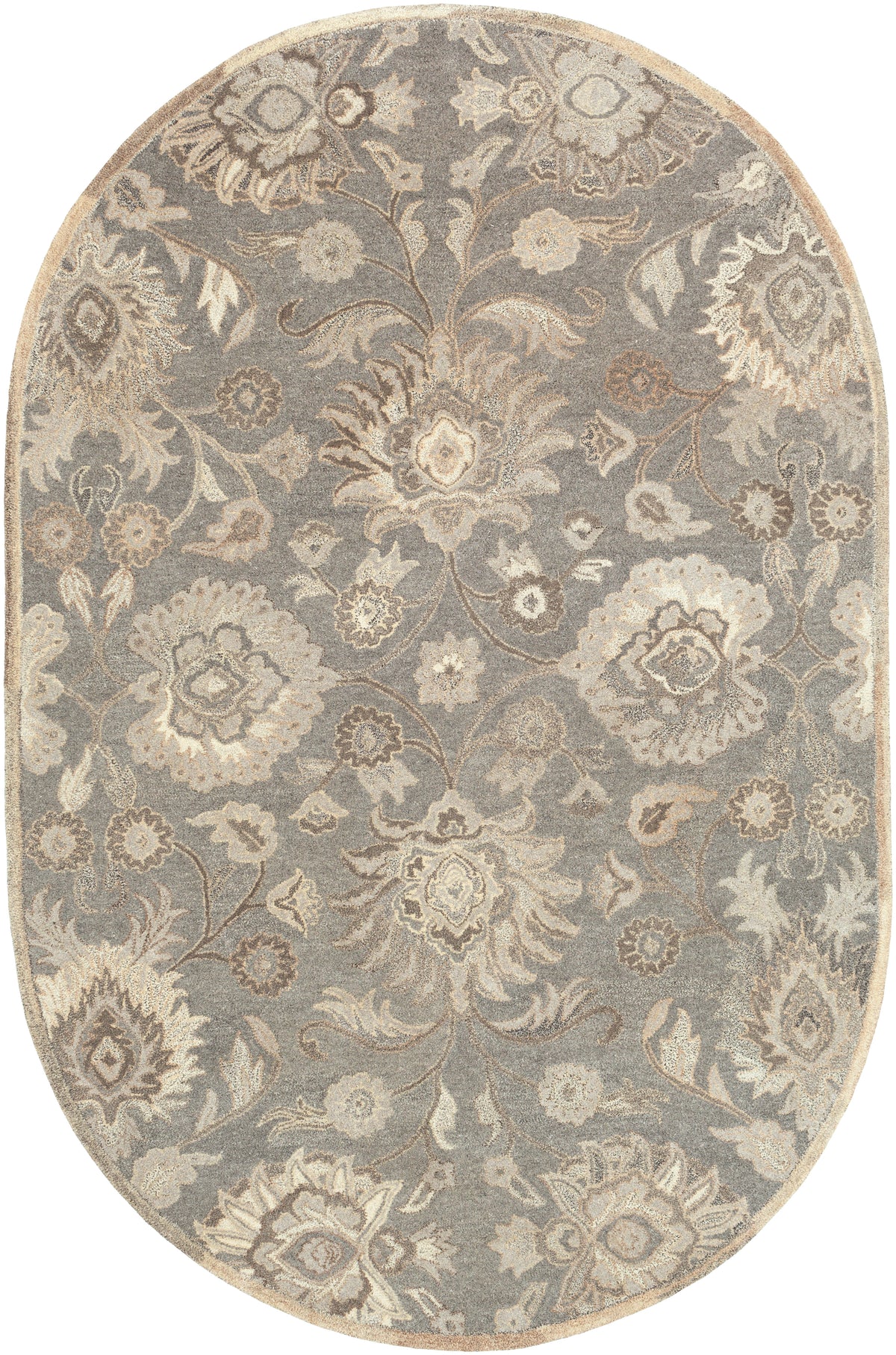 Oval Mediterranean Seal wool rug with grey, taupe, and ivory floral patterns.