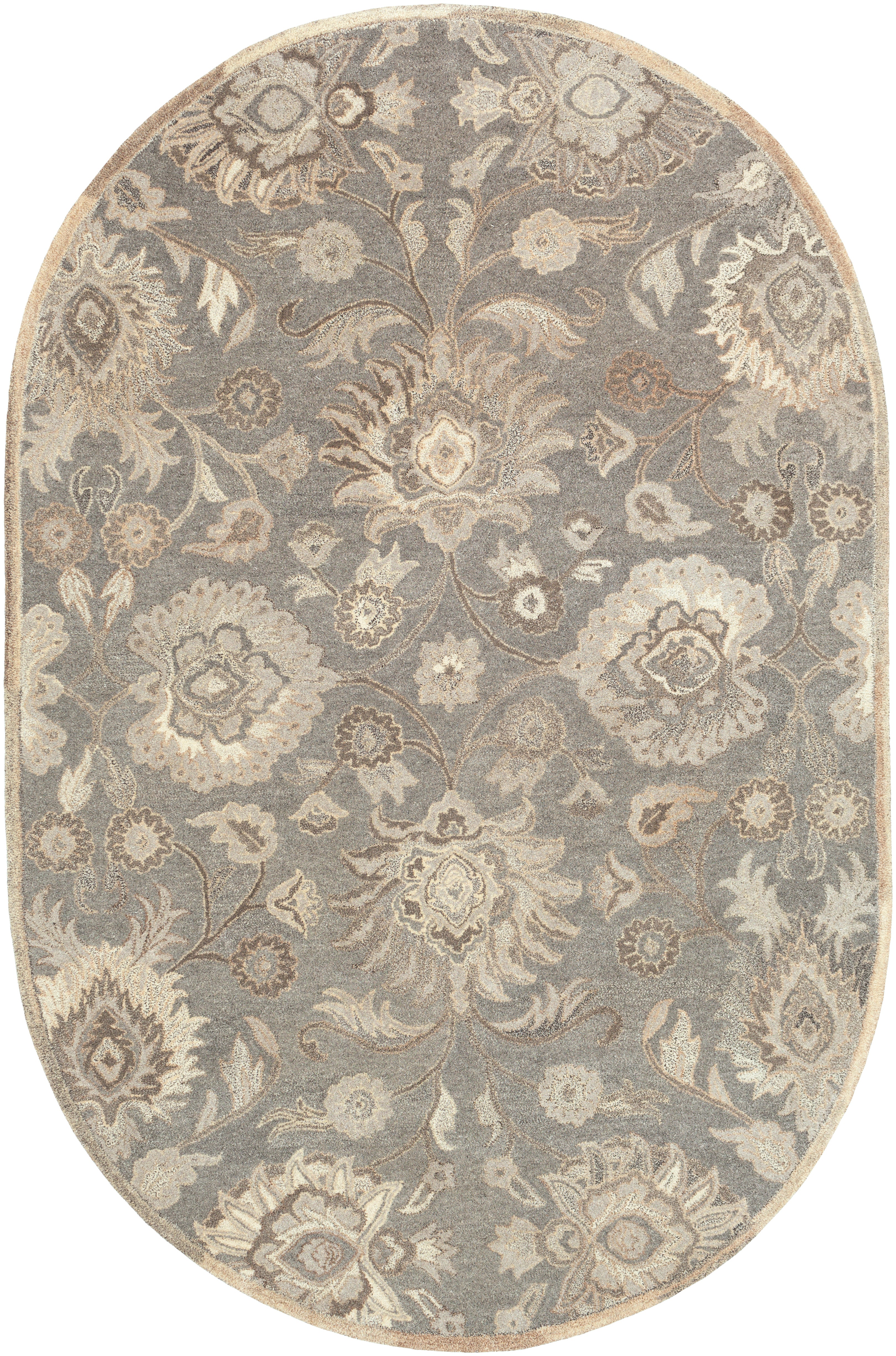Oval Mediterranean Seal wool rug with grey, taupe, and ivory floral patterns.