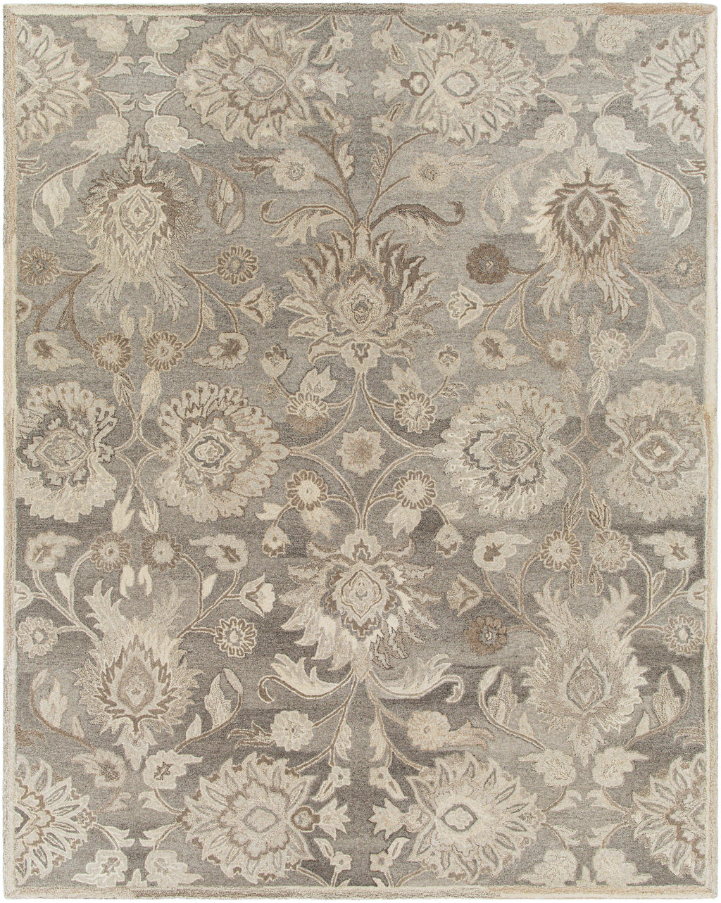 Mediterranean Seal hand-tufted wool rug with a grey and ivory floral pattern.