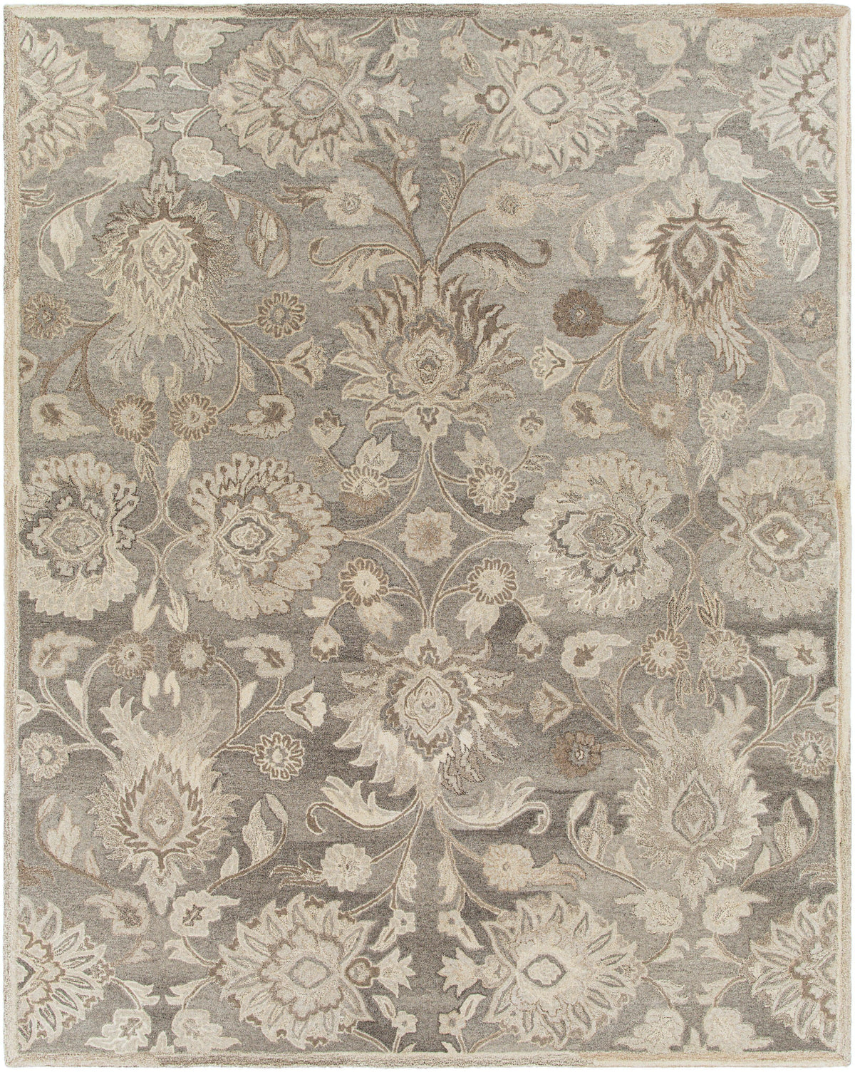 Mediterranean Seal hand-tufted wool rug with a grey and ivory floral pattern.