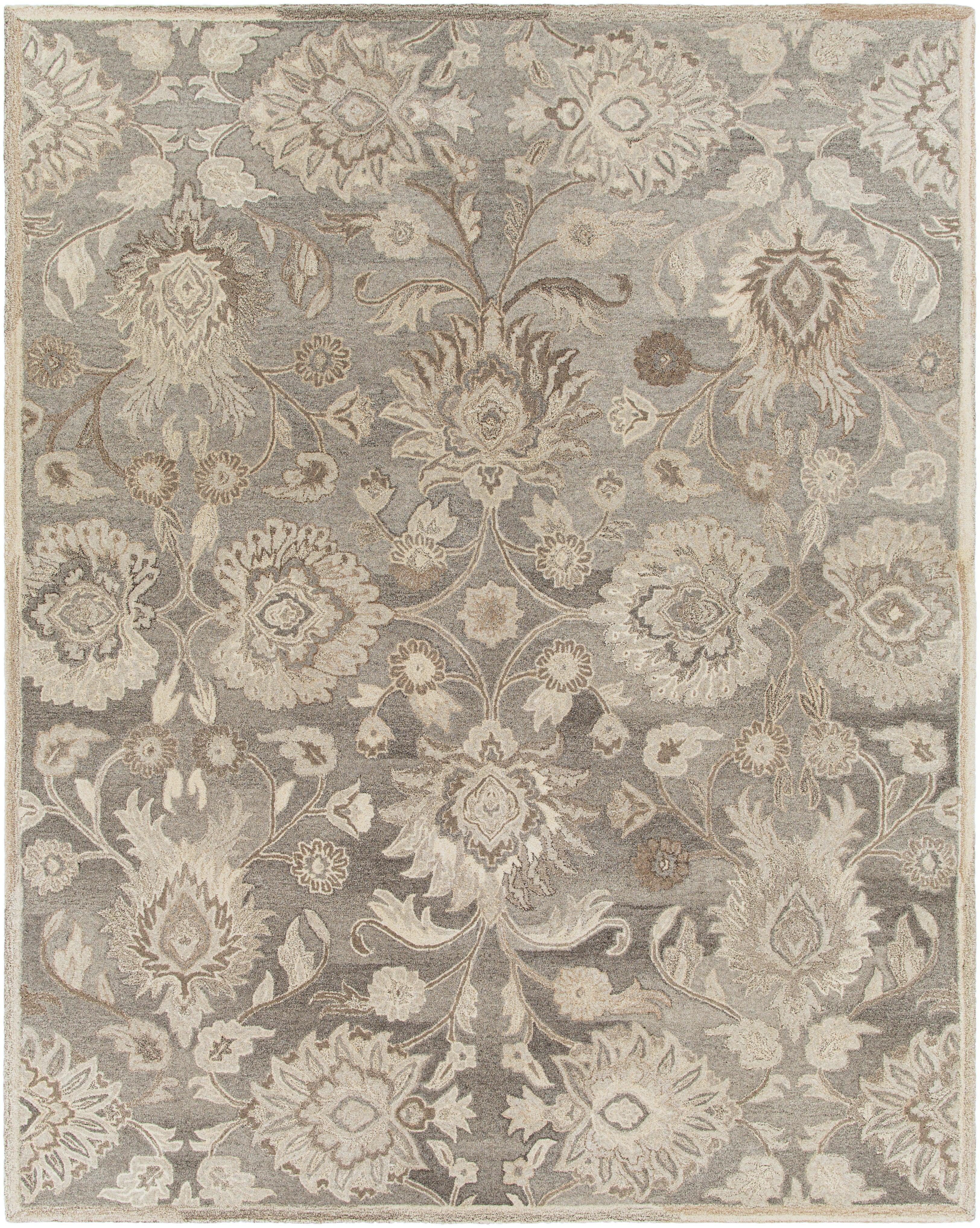 Mediterranean Seal hand-tufted wool rug with a grey and ivory floral pattern.