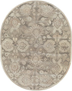 Round hand-tufted wool rug with an intricate floral pattern in grey, taupe, and ivory.