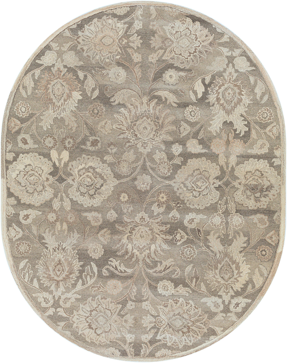 Round hand-tufted wool rug with an intricate floral pattern in grey, taupe, and ivory.