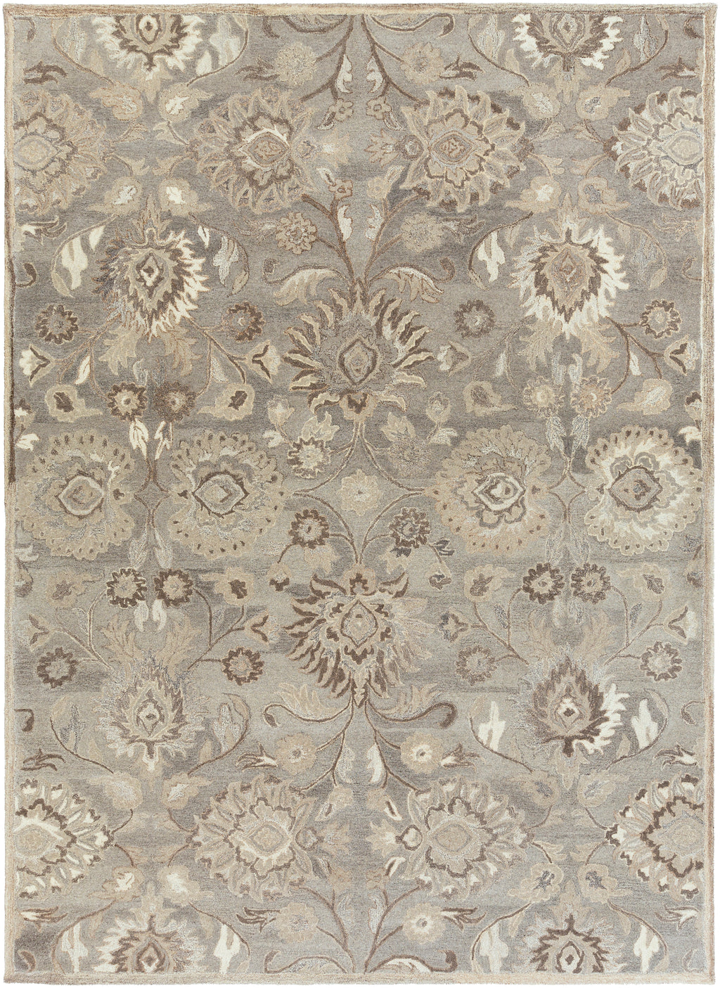 Mediterranean Seal hand-tufted wool rug with grey, taupe, and ivory floral patterns.