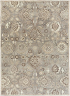 Mediterranean Seal hand-tufted wool rug with grey, taupe, and ivory floral patterns.