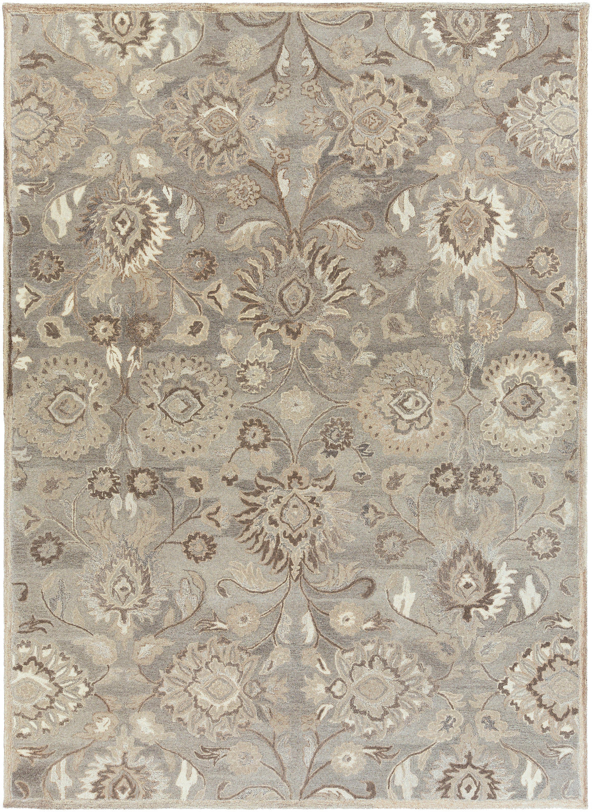 Mediterranean Seal hand-tufted wool rug with grey, taupe, and ivory floral patterns.