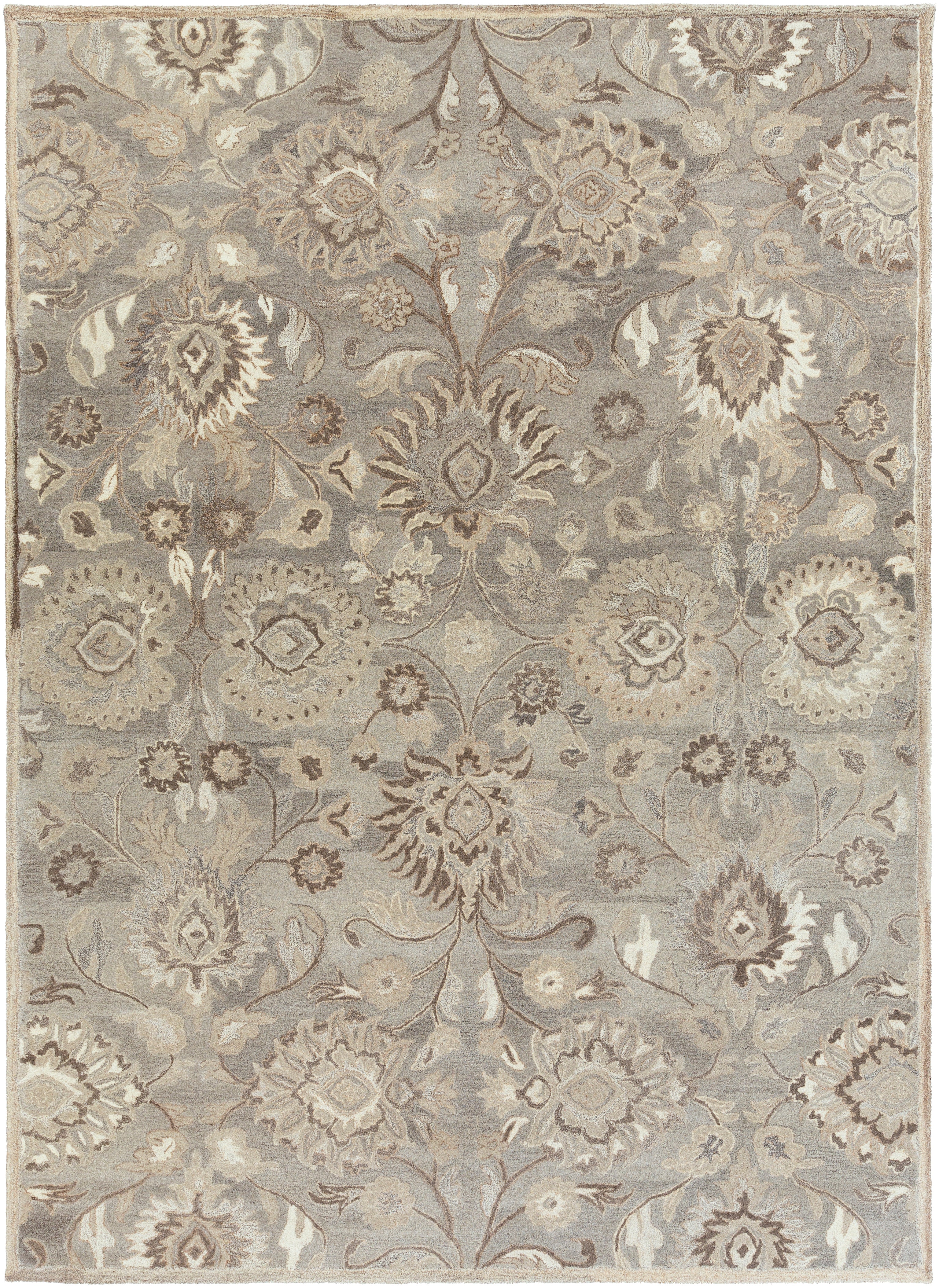 Mediterranean Seal hand-tufted wool rug with grey, taupe, and ivory floral patterns.