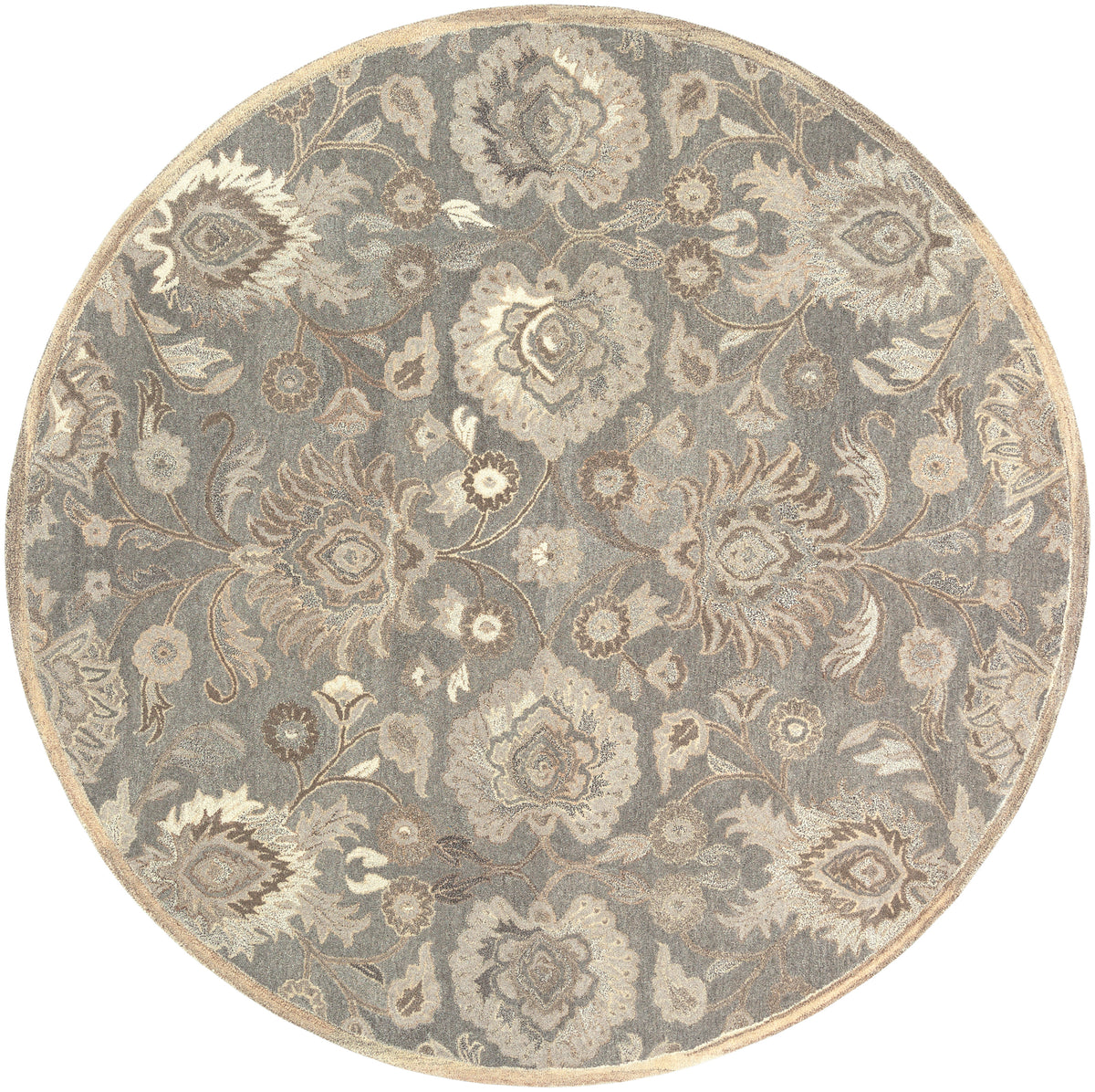 Round Mediterranean Seal hand-tufted wool rug with grey, taupe, and ivory floral patterns.