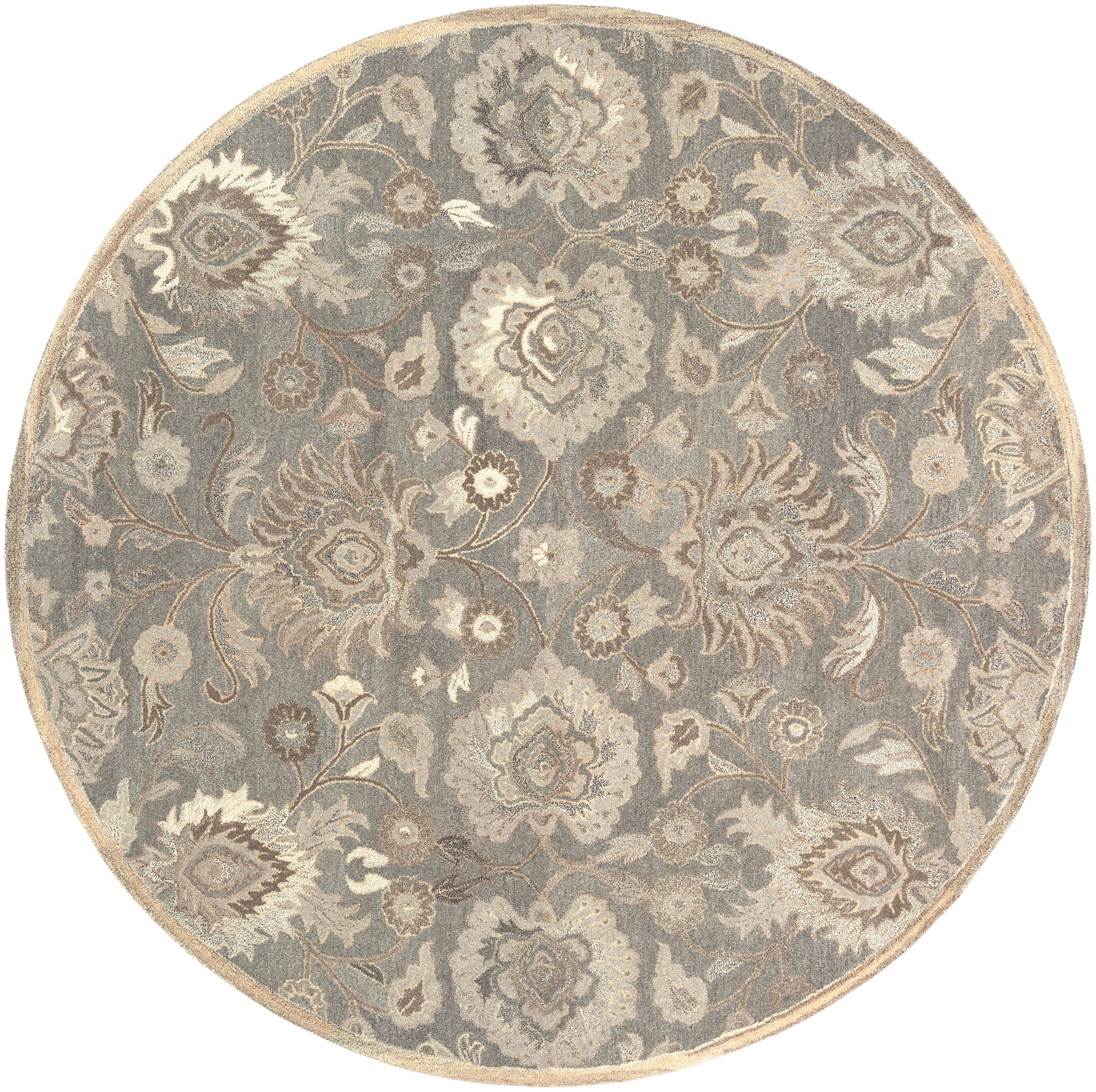 Round Mediterranean Seal hand-tufted wool rug with grey, taupe, and ivory floral patterns.