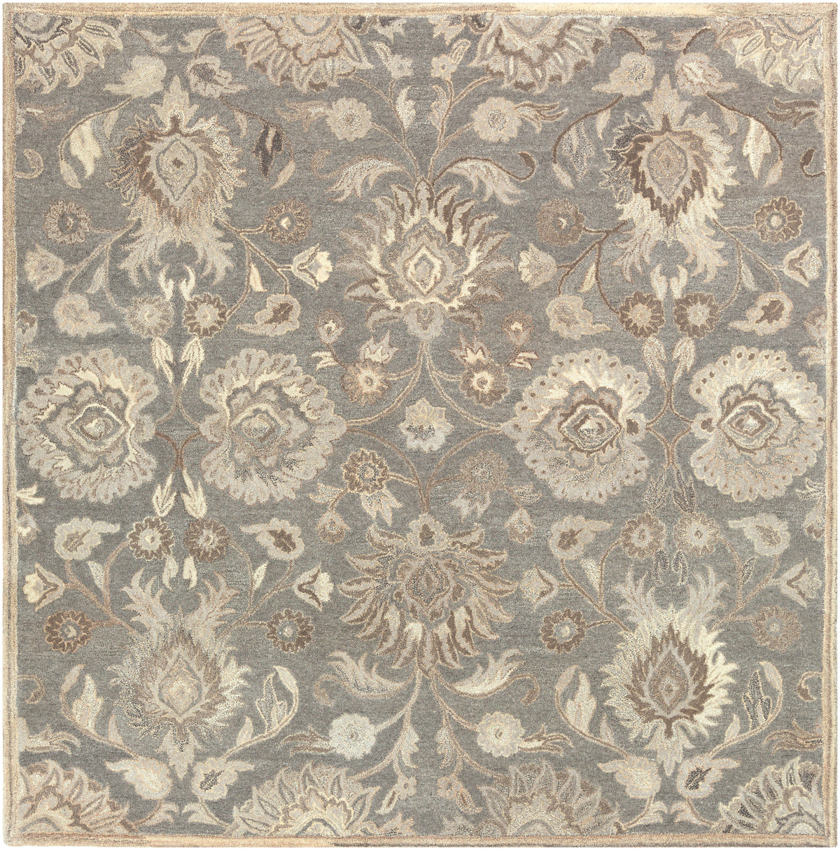 Mediterranean Seal hand-tufted wool rug with a grey and taupe floral pattern.