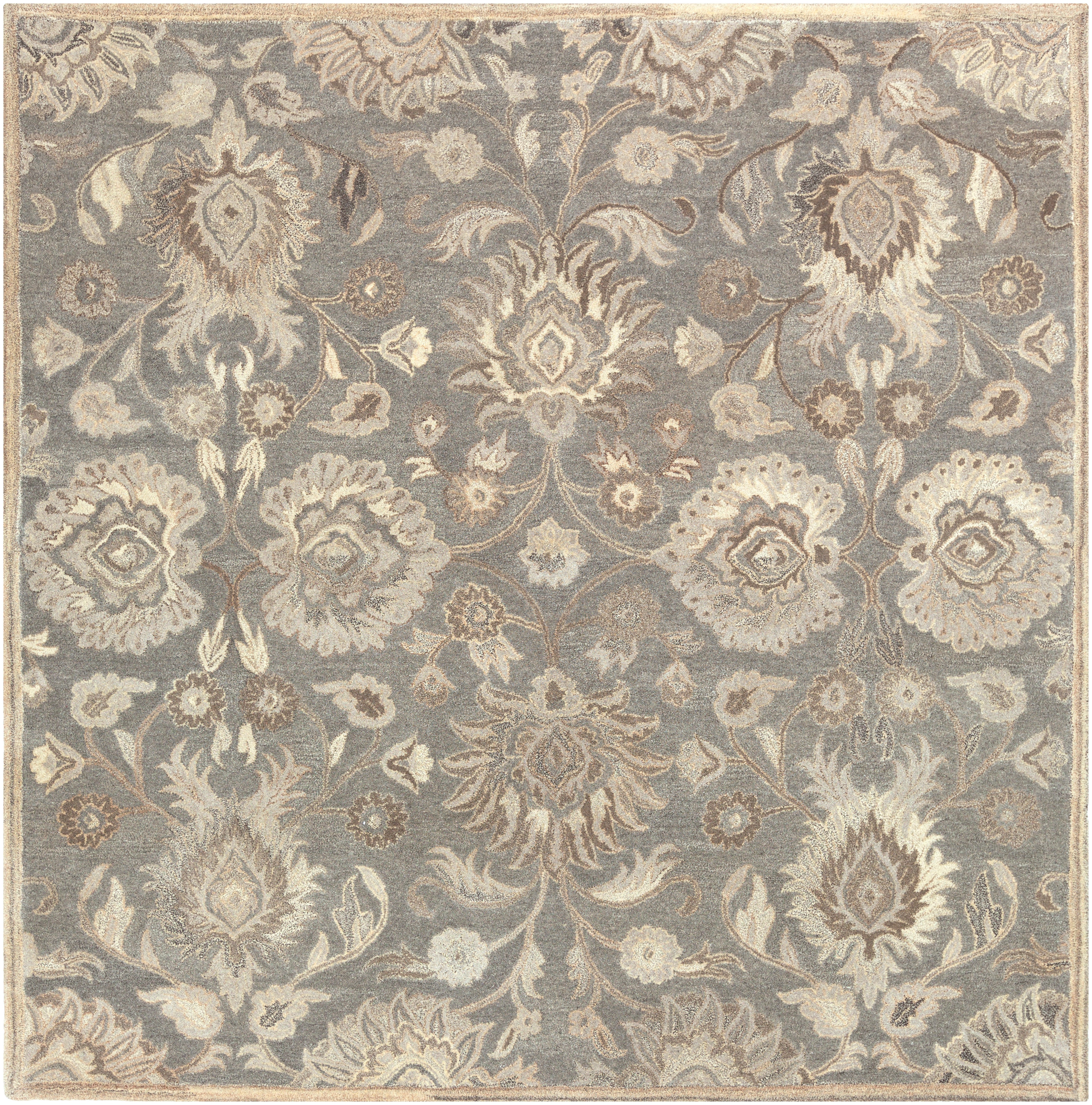 Mediterranean Seal hand-tufted wool rug with a grey and taupe floral pattern.