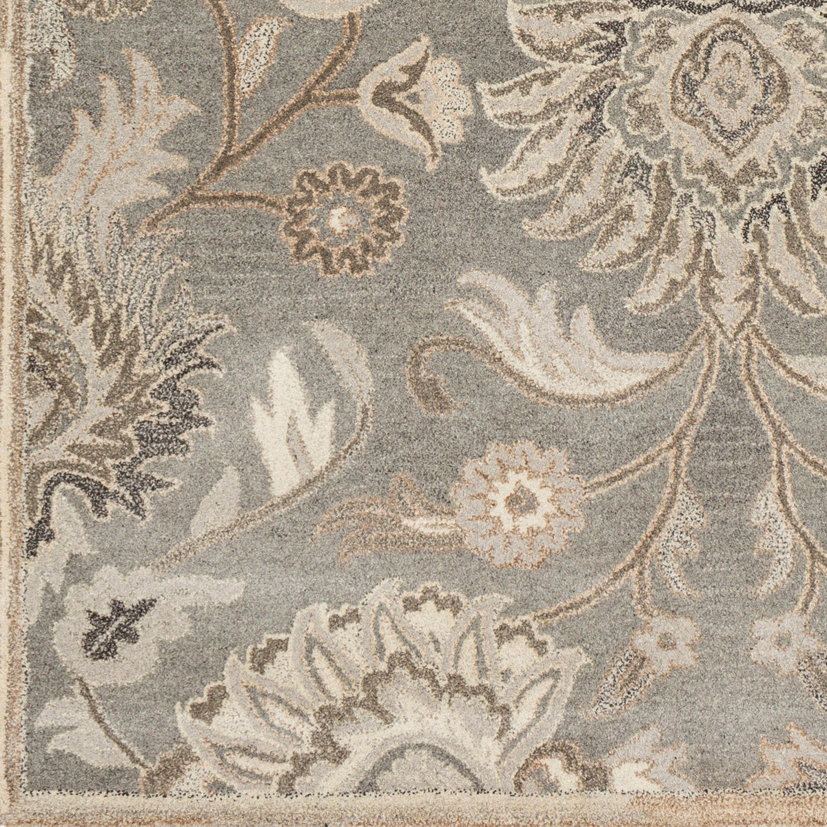 Mediterranean Seal hand-tufted wool rug with grey, taupe, and ivory floral patterns.