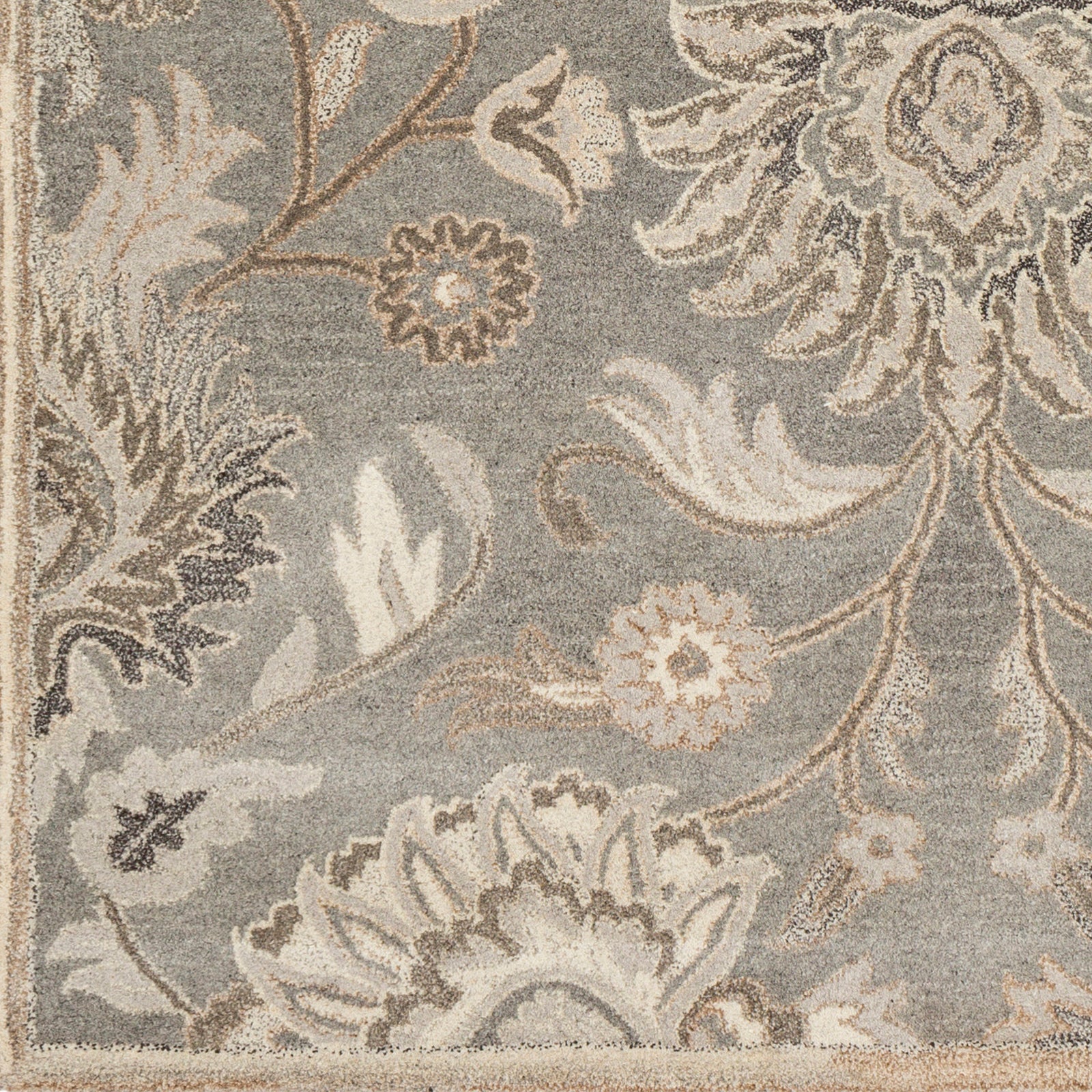 Mediterranean Seal hand-tufted wool rug with grey, taupe, and ivory floral patterns.