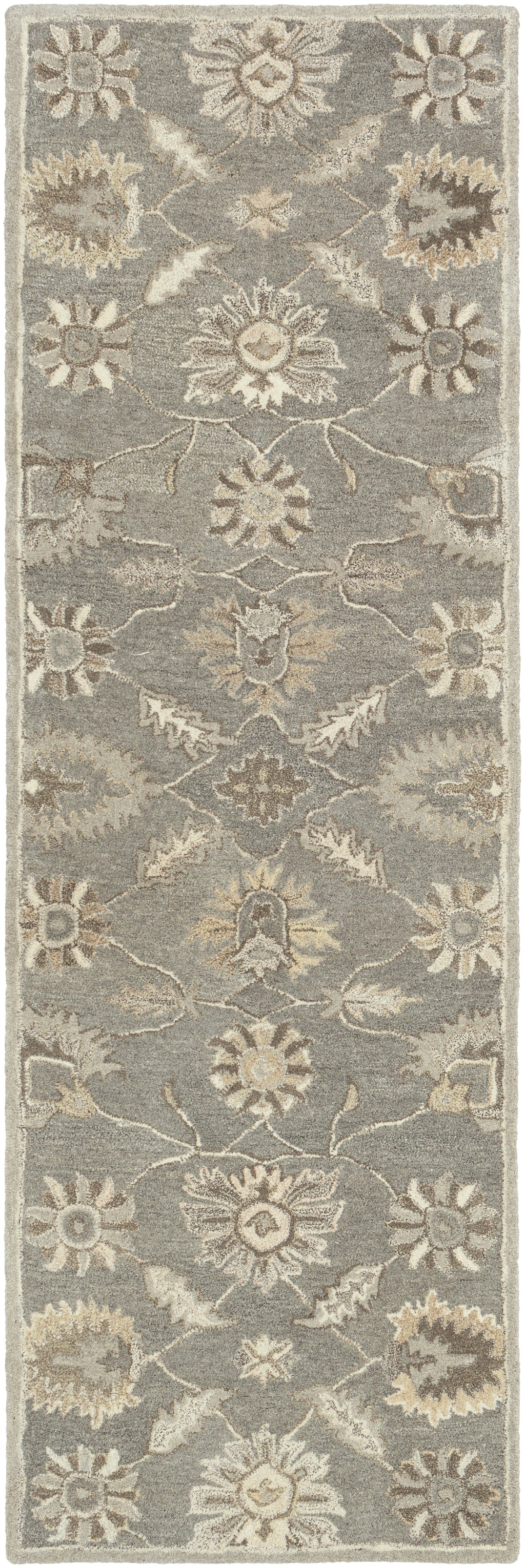 Rubicon Oyster hand-tufted wool runner rug with taupe, beige, and ivory floral patterns.