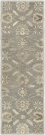 Rubicon Oyster hand-tufted wool runner rug with taupe, beige, and ivory floral patterns.