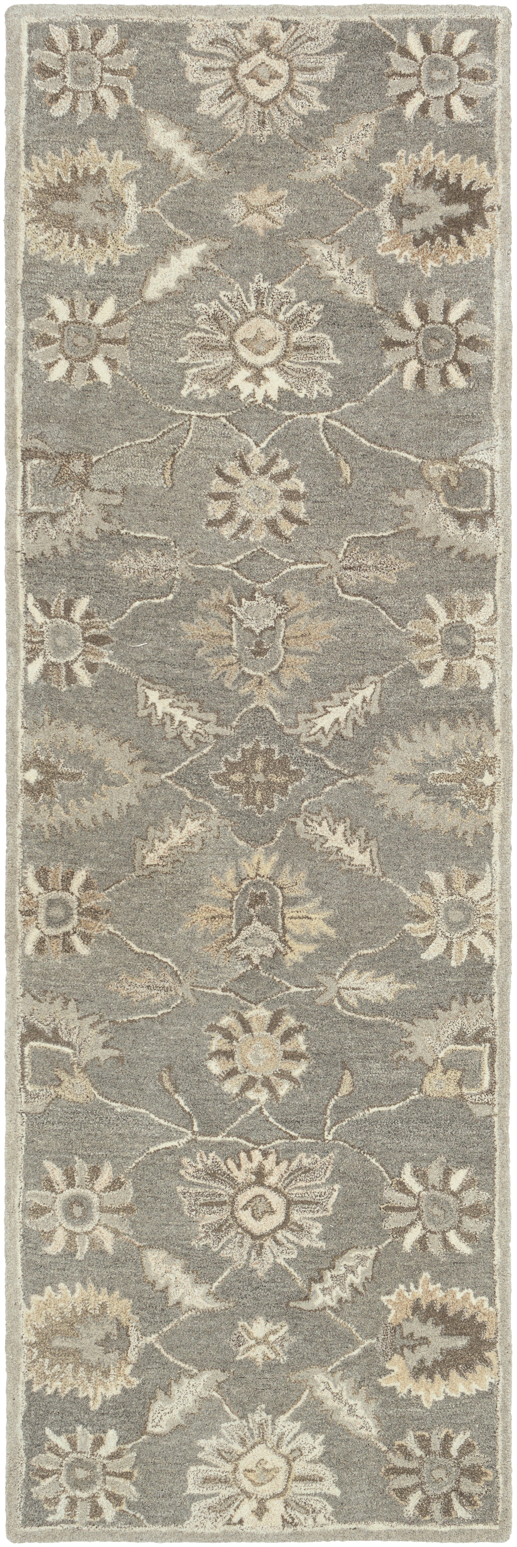 Rubicon Oyster hand-tufted wool runner rug with taupe, beige, and ivory floral patterns.