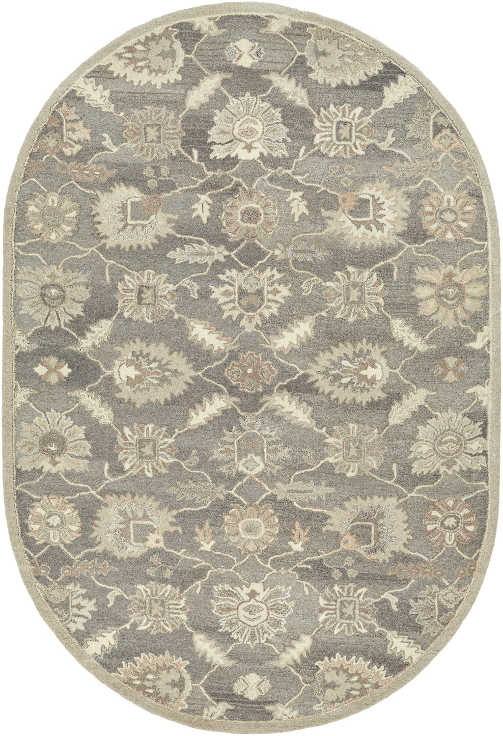 Oval Rubicon Oyster wool rug with a grey and beige floral pattern.