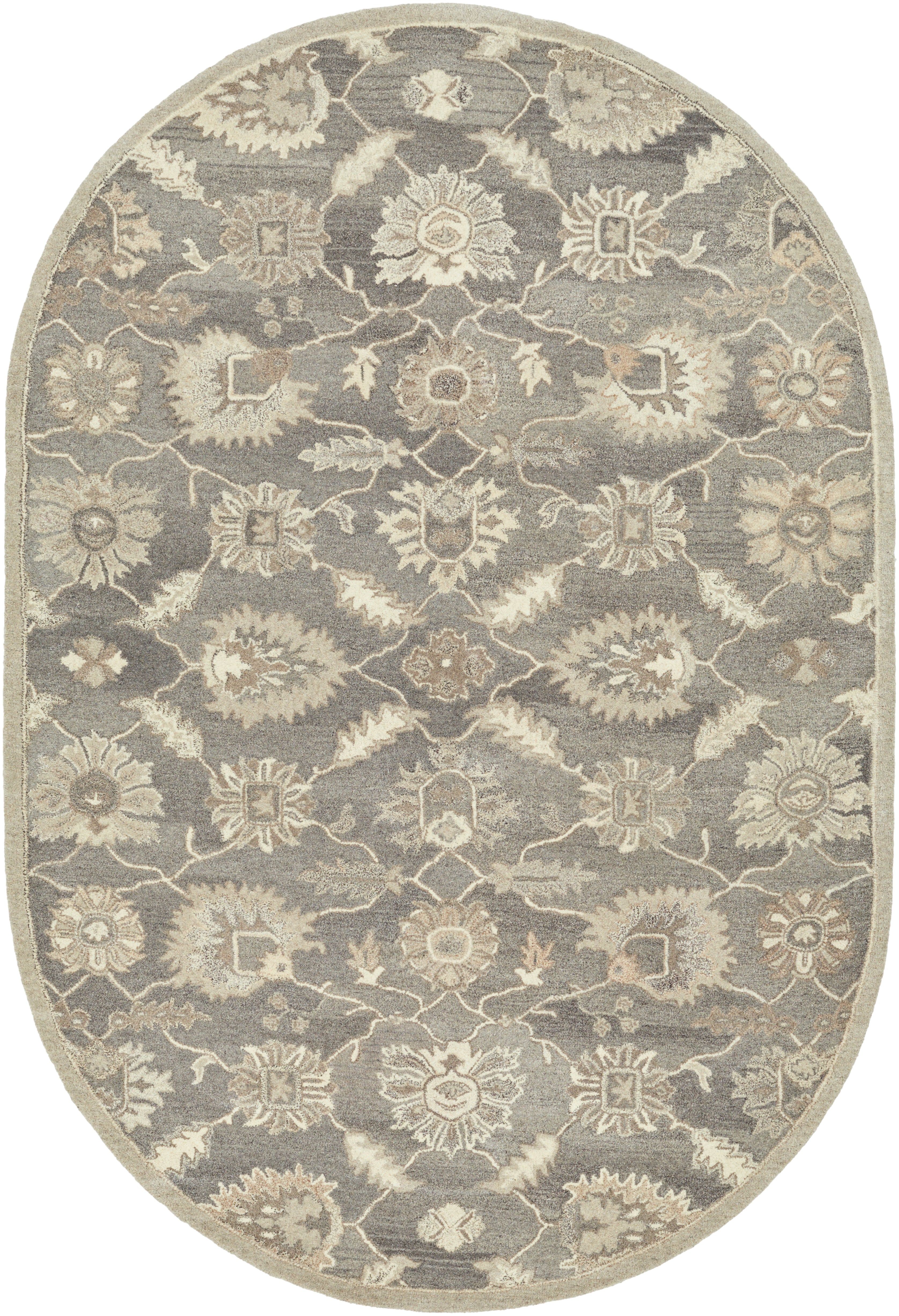 Oval Rubicon Oyster wool rug with a grey and beige floral pattern.