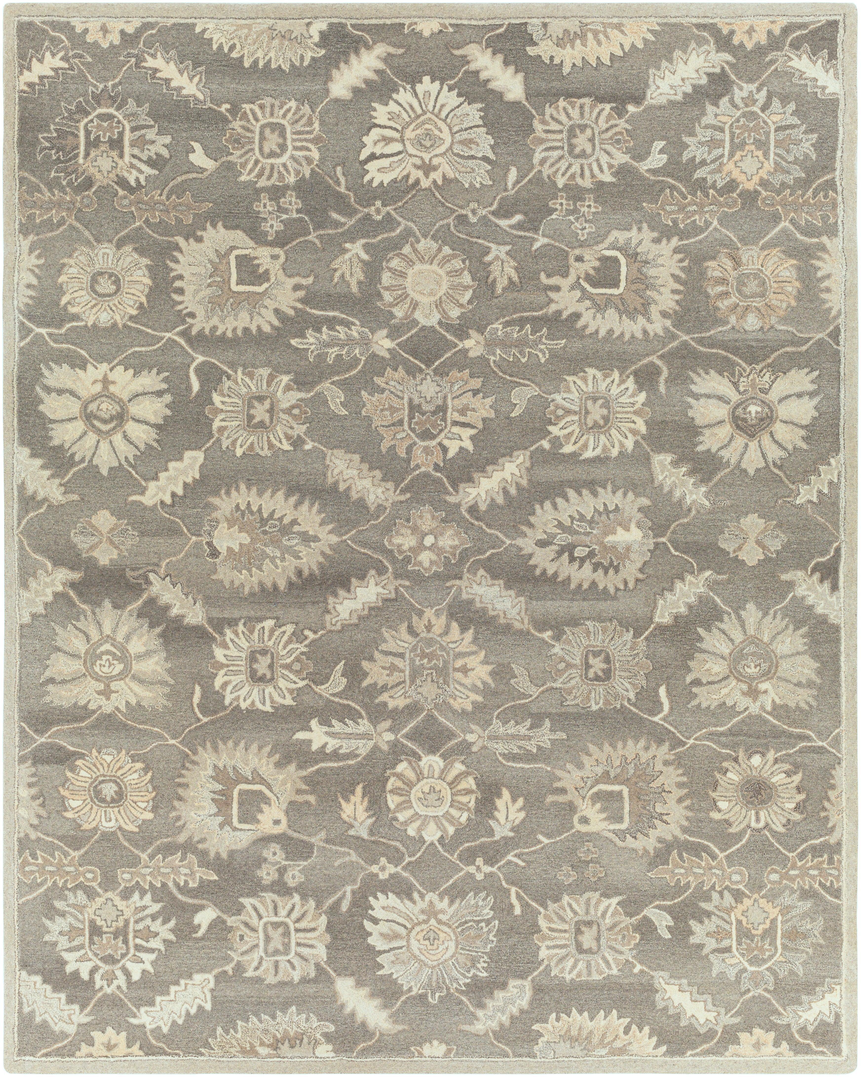 Rubicon Oyster hand-tufted wool rug with a taupe and ivory floral pattern.