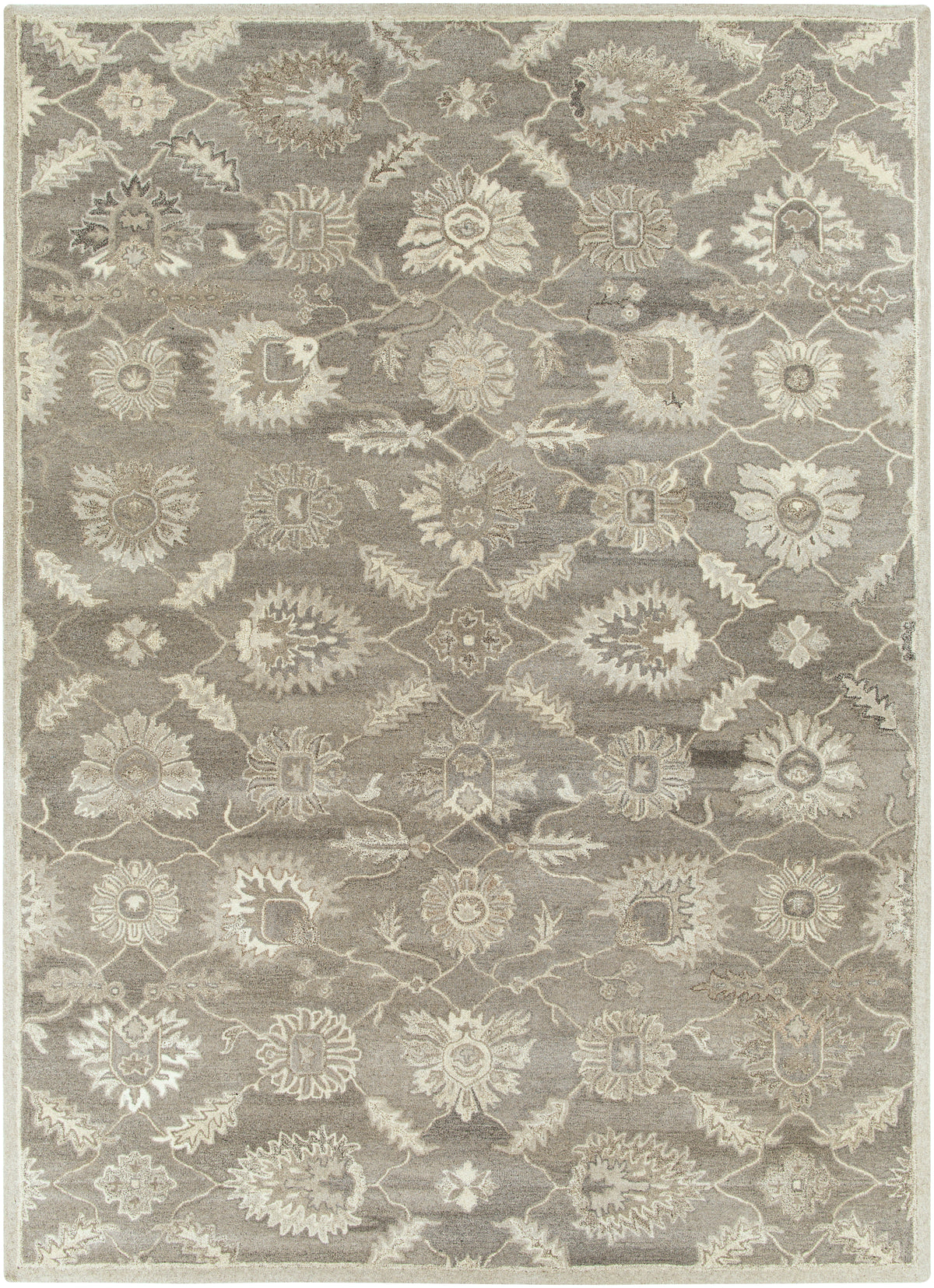 Rubicon Oyster hand-tufted wool rug with a grey and beige floral pattern