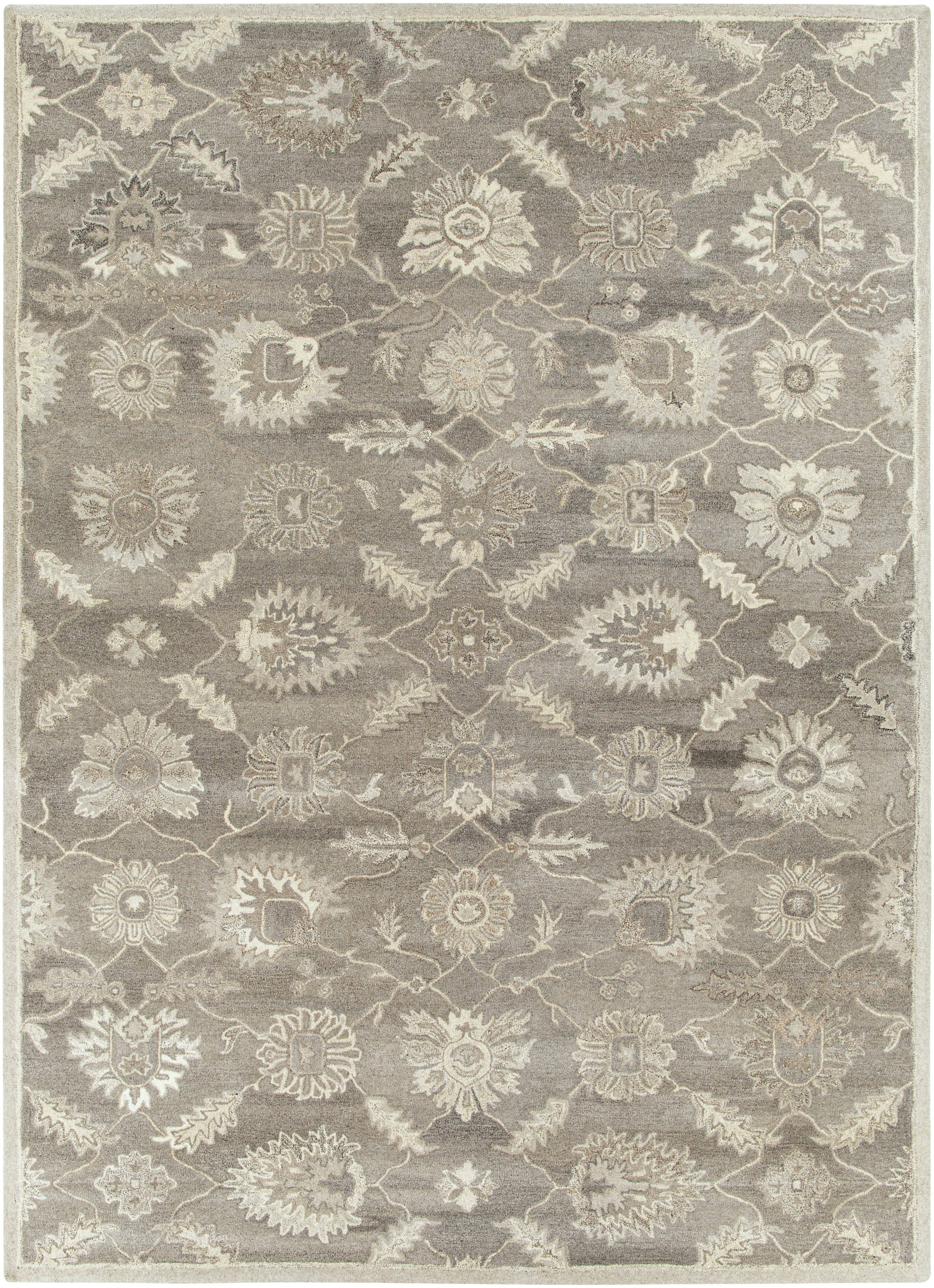 Rubicon Oyster hand-tufted wool rug with a grey and beige floral pattern