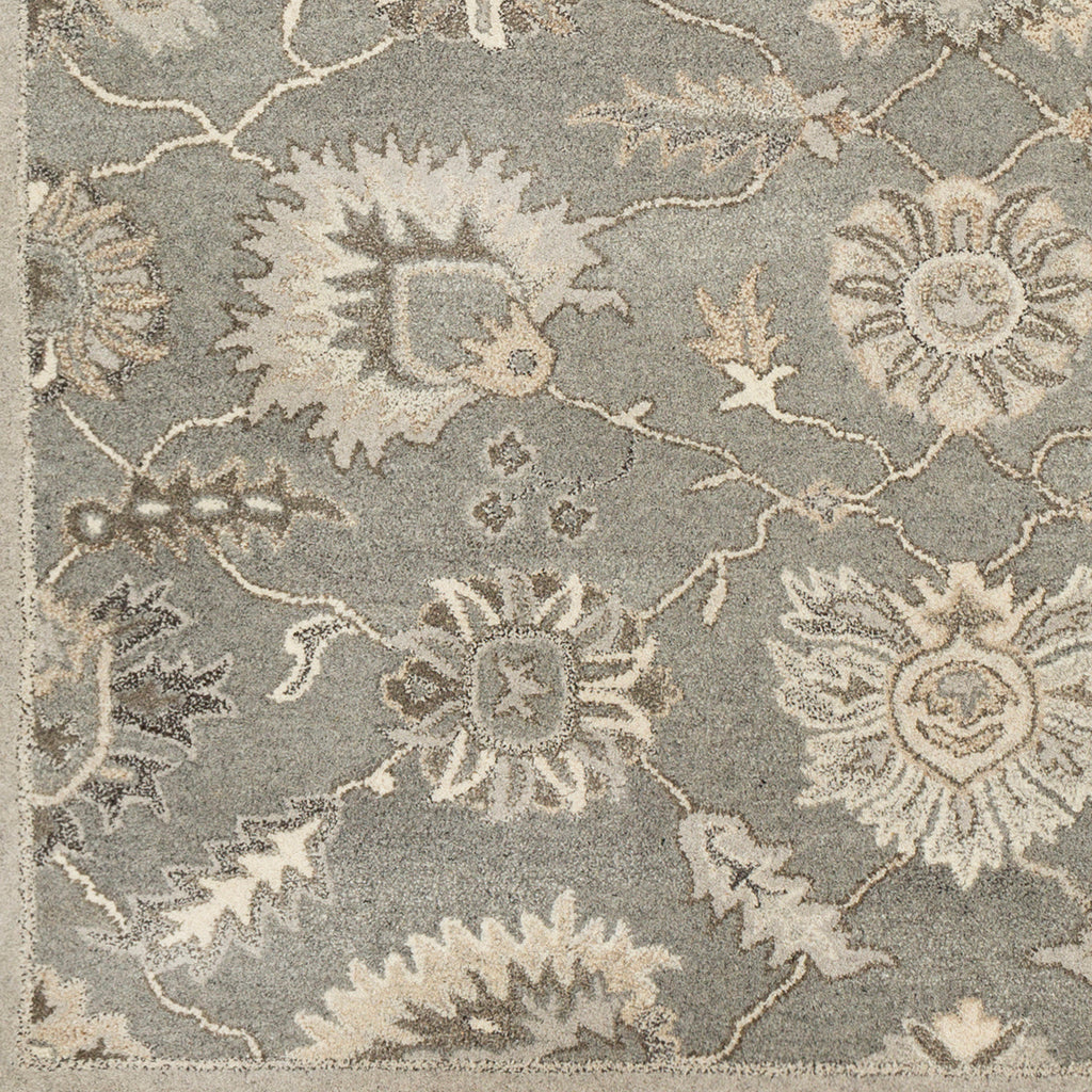 Rubicon Oyster hand-tufted wool rug with floral patterns in grey, beige, and ivory.