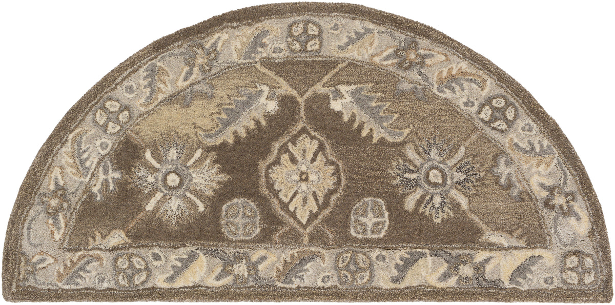 Euphrates Mocha hand-tufted half-circle wool rug with traditional floral patterns in neutral brown and beige.