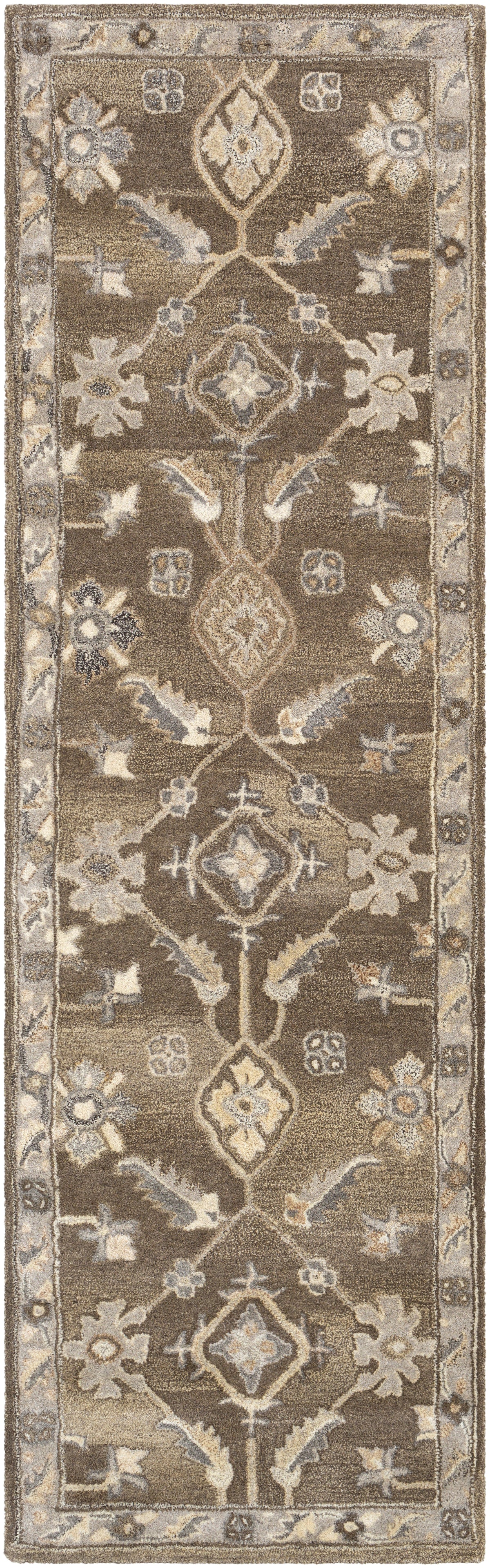 Euphrates Mocha hand-tufted wool runner rug with neutral brown and grey traditional patterns.