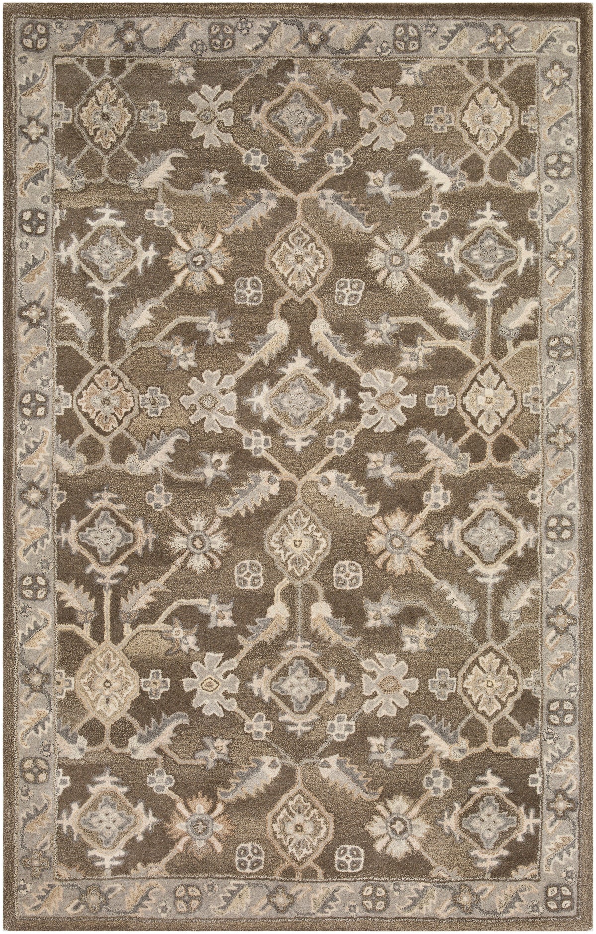 Euphrates Mocha hand-tufted wool rug with traditional floral patterns in neutral cool brown tones.