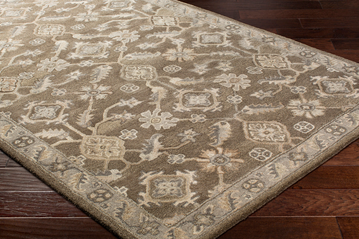 Euphrates Mocha hand-tufted wool rug with traditional floral patterns in neutral cool brown tones.