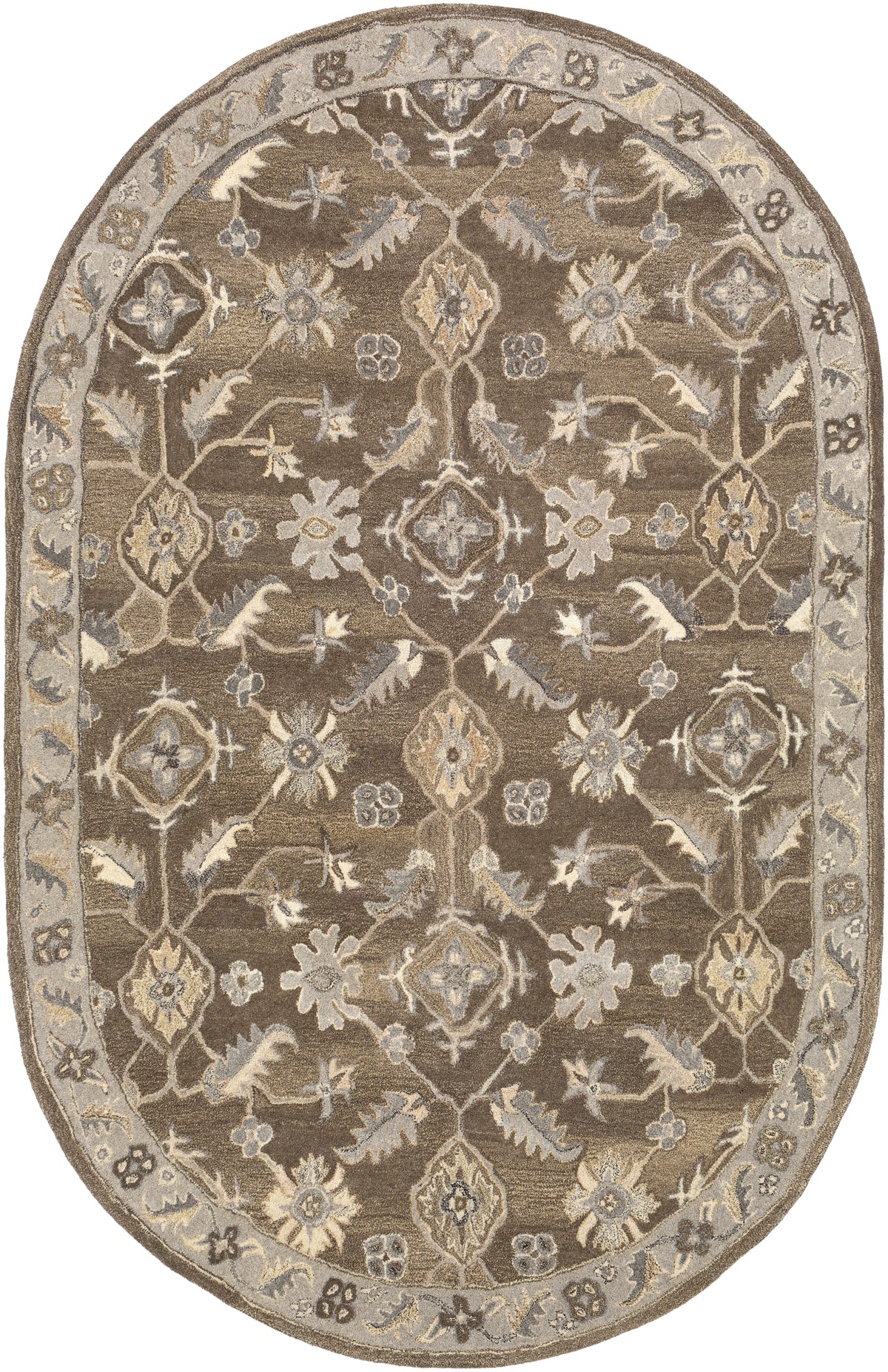 Oval Euphrates Mocha hand-tufted wool rug with traditional floral patterns in cool brown and beige.