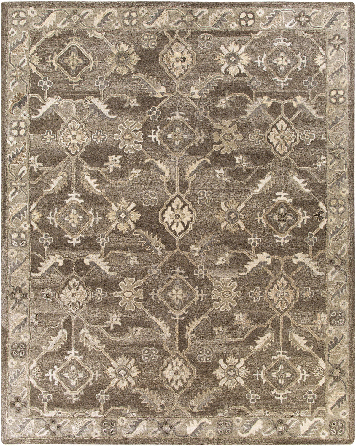 Euphrates Mocha Hand-Tufted Rug in neutral cool brown wool with traditional floral patterns.