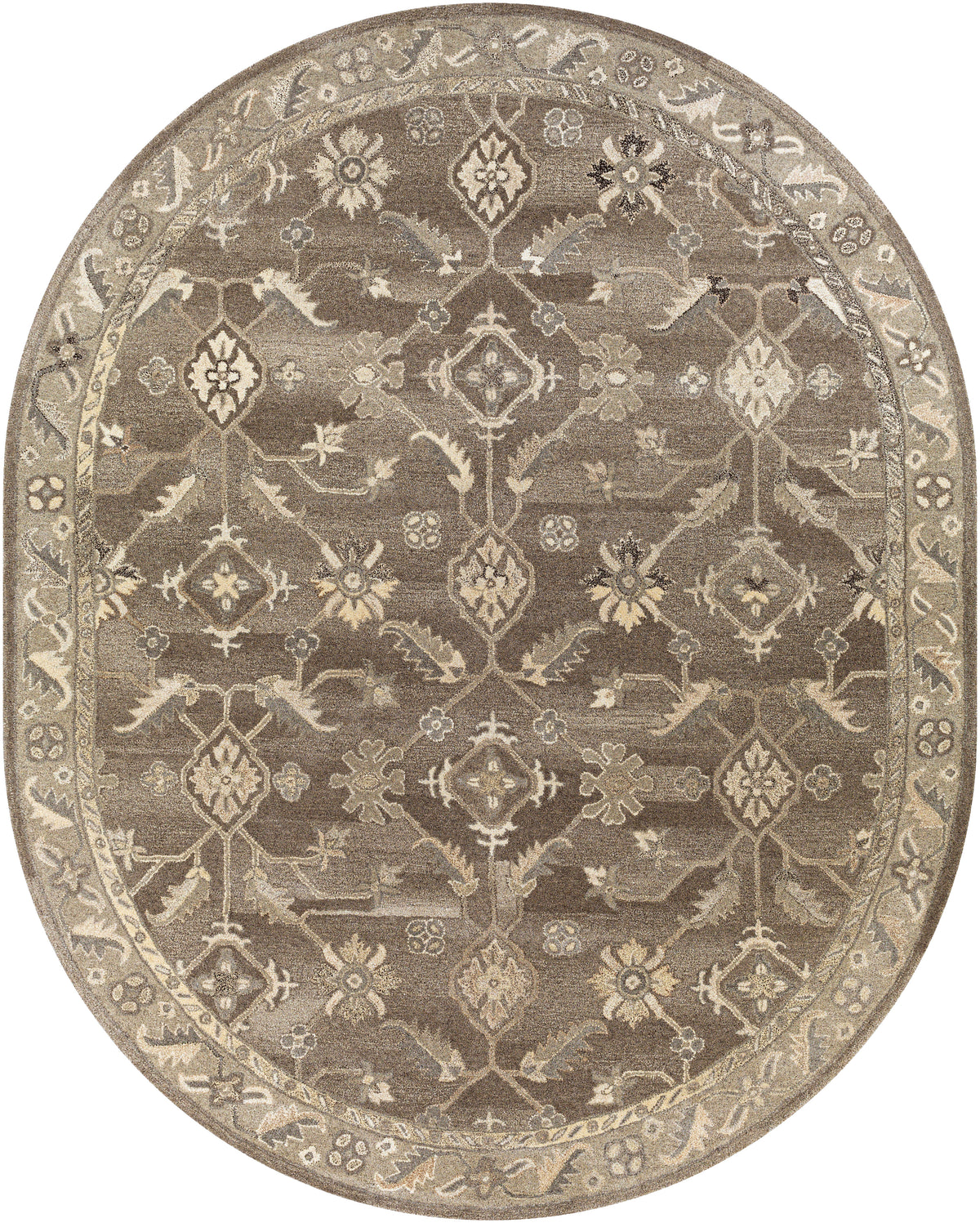 Oval Euphrates Mocha hand-tufted wool rug with traditional floral patterns in neutral cool brown tones.