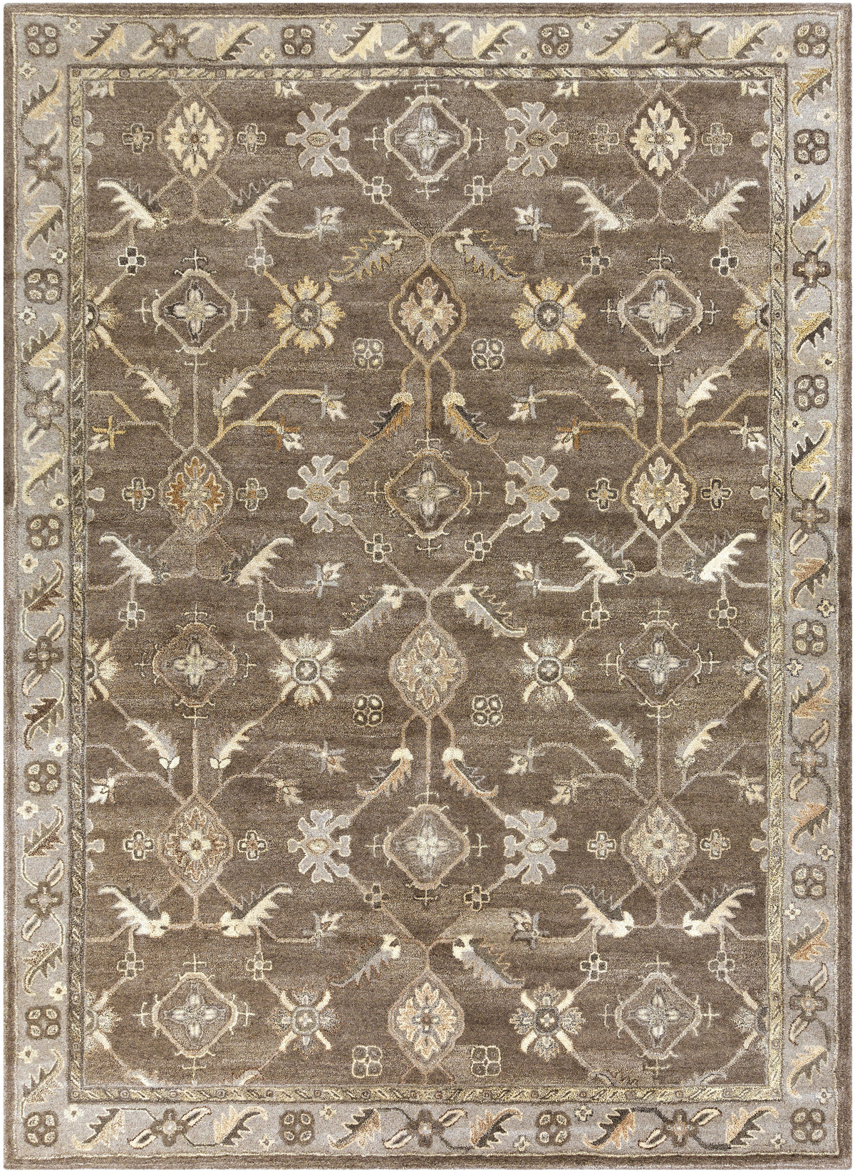 Euphrates Mocha hand-tufted wool rug featuring a traditional floral pattern in cool brown and beige tones.