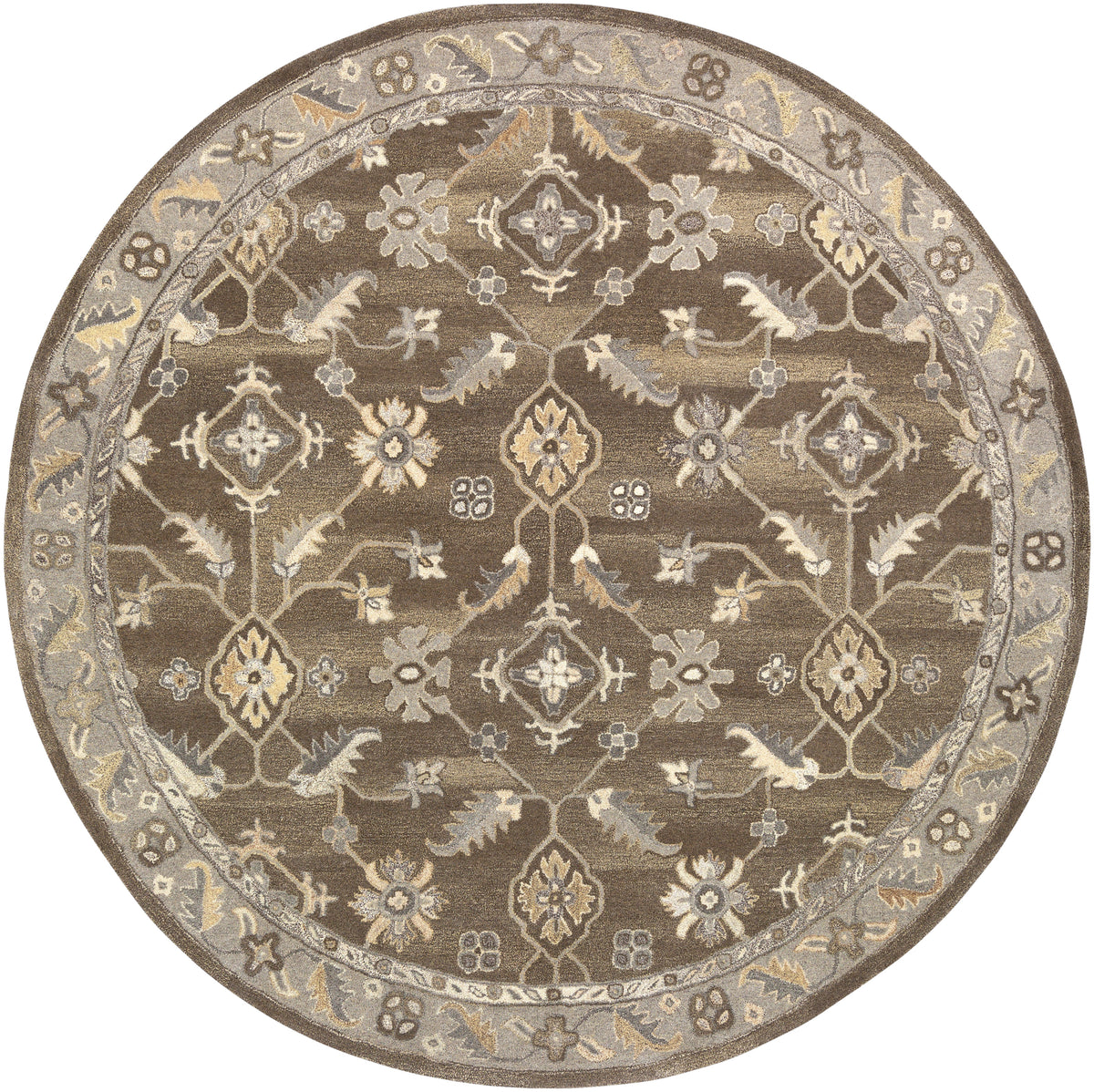 Round Euphrates Mocha hand-tufted wool rug with traditional floral patterns in neutral cool brown tones.
