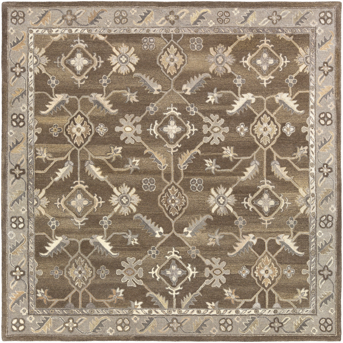 Euphrates Mocha hand-tufted wool rug with a traditional floral pattern in neutral brown and beige.