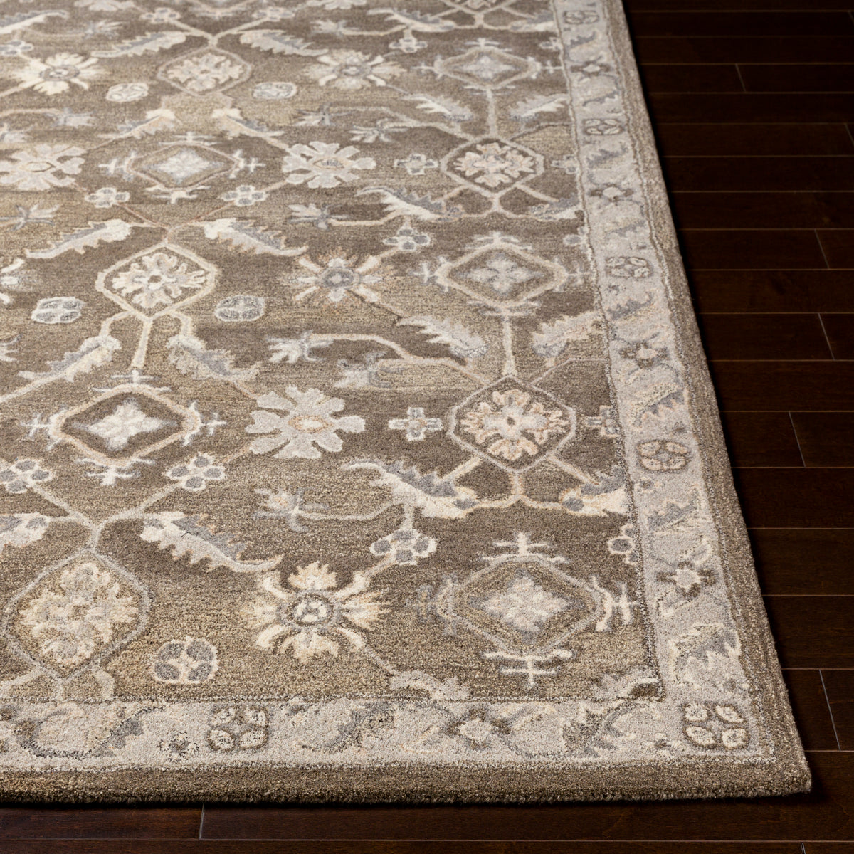Euphrates Mocha hand-tufted wool rug with traditional floral patterns in neutral cool brown tones.
