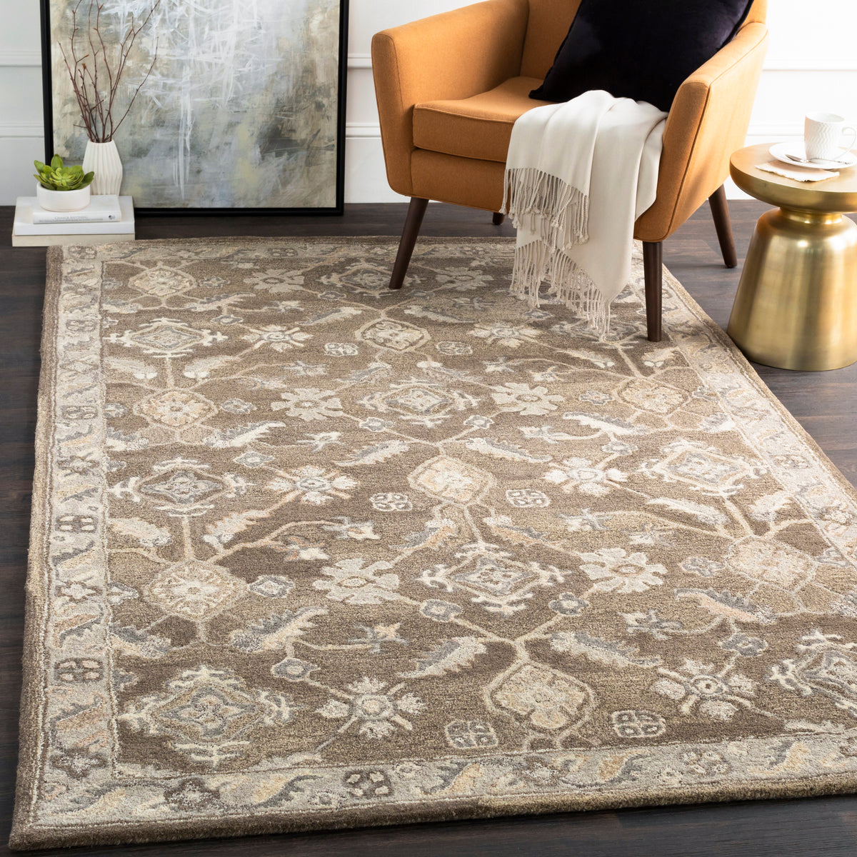 Euphrates Mocha Hand-Tufted Rug in neutral cool brown wool with traditional floral patterns.