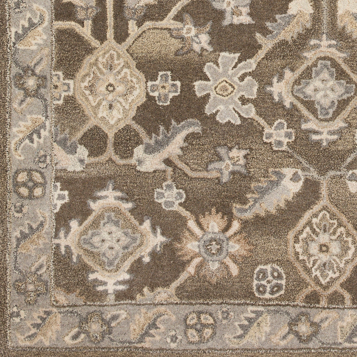 Euphrates Mocha hand-tufted wool rug featuring neutral brown and grey traditional floral patterns.