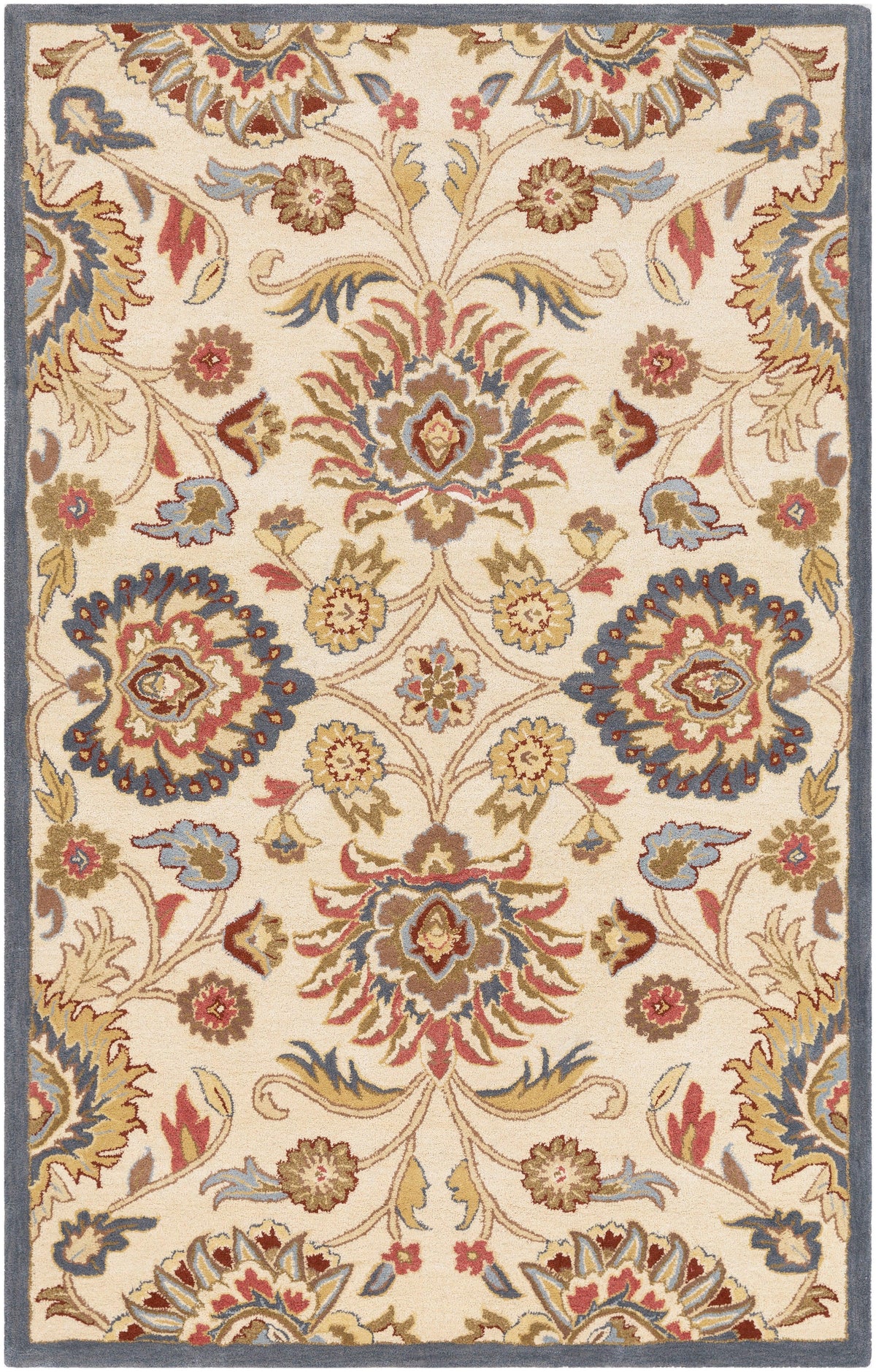 Mediterranean Fiesta hand-tufted wool rug with vibrant floral patterns on a beige background