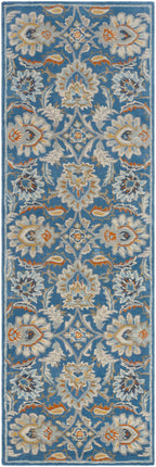 Blue and beige Mediterranean Aegean hand-tufted wool runner rug with floral patterns.