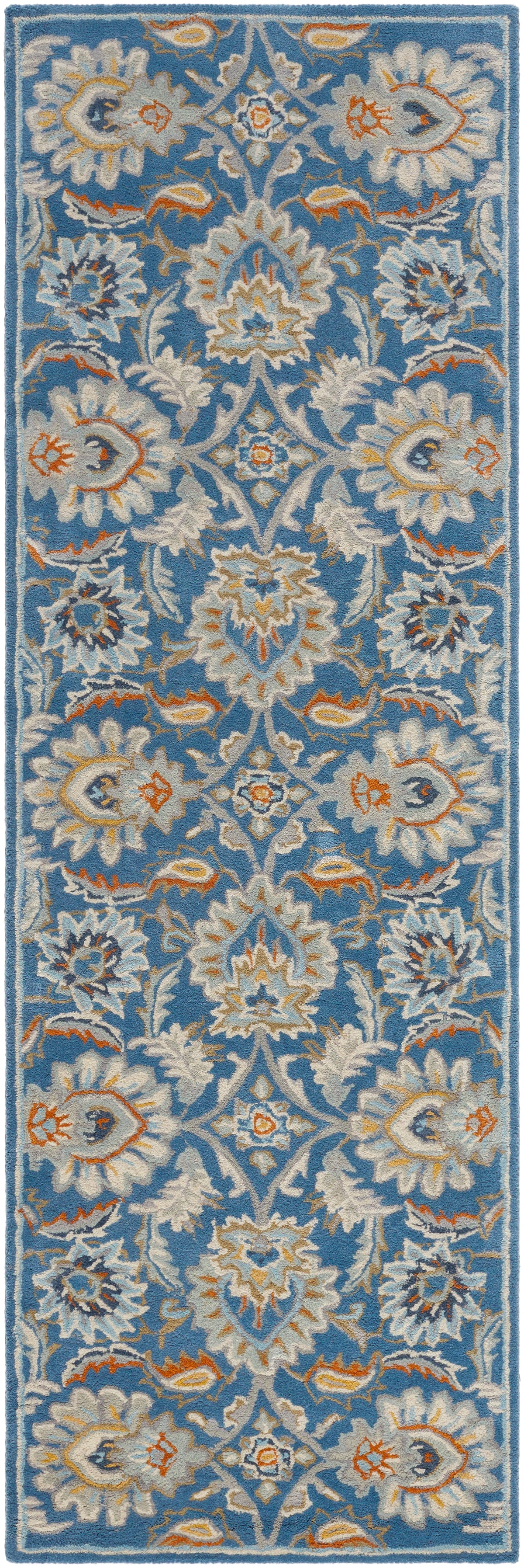 Blue and beige Mediterranean Aegean hand-tufted wool runner rug with floral patterns.